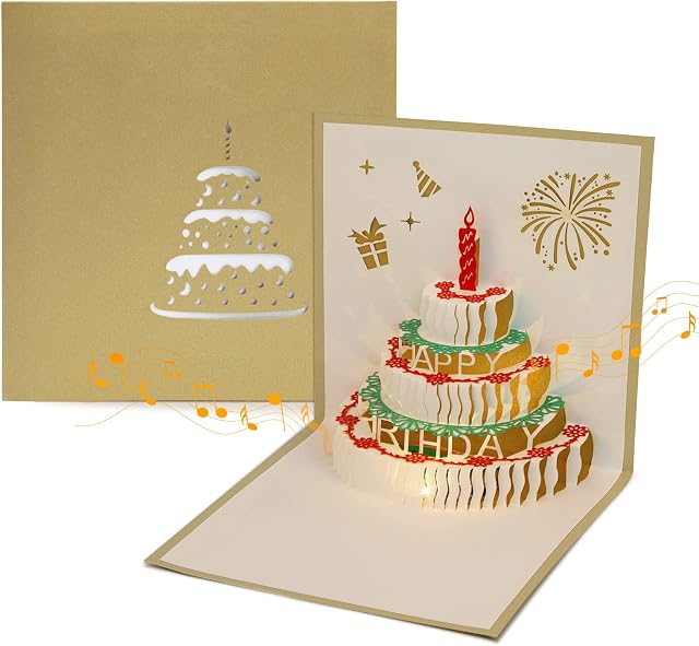 Happy Birthday Card with Music and Light, 3D Pop Up Birthday Greeting Cards Funny Birthday Card Birthday Gift for Men Women Mum Dad Sister Daughter Son Friend (Golden)