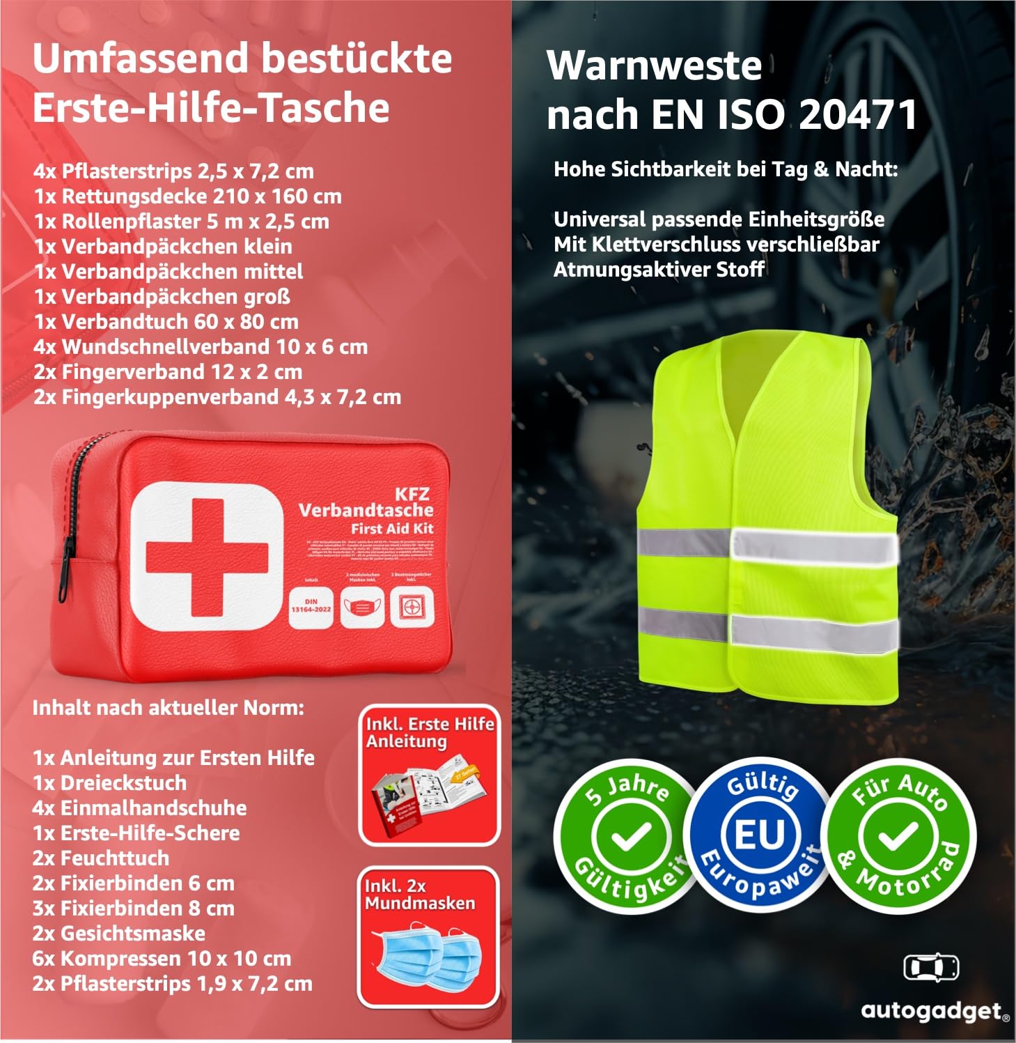 Pack Sécurité Voiture 6 En 1 - Gilet, Triangle, Trousse Secours, Disque Stationnement