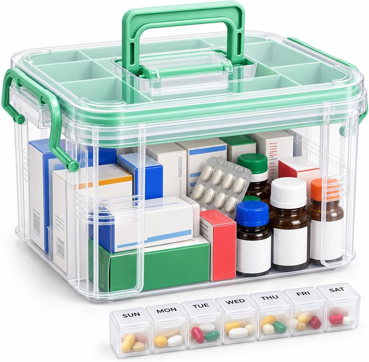 2-Tier Medicine Organizer Box with Handle , Clear Plastic First Aid Container Empty with Tray & 7-Compartment Pill Case Included, Portable Medication Storage Cabinet for Home Office Car RV Travel