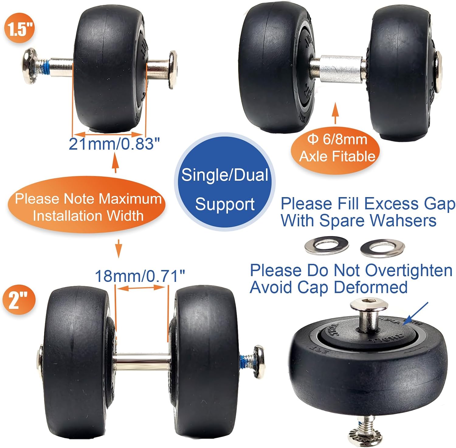 Luggage Suitcase Wheels Replacement Kit, 4 Pieces, 2 inch/50mm TPE Bearing Wheels, Lightweight, Smooth Inline Casters and Spinners for Suitcases, Trolley Bags