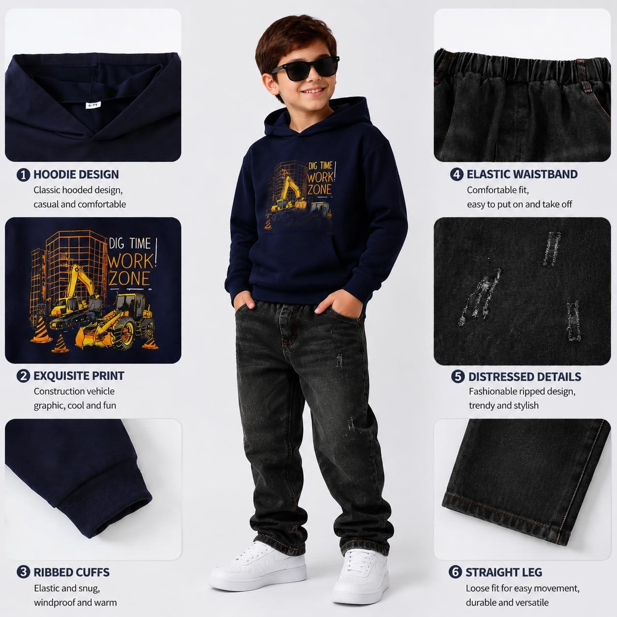 Cakaner Boys Clothes Long Sleeve Hoodie and Jeans Outfit Fall Sweatshirt Set Size 6-12
