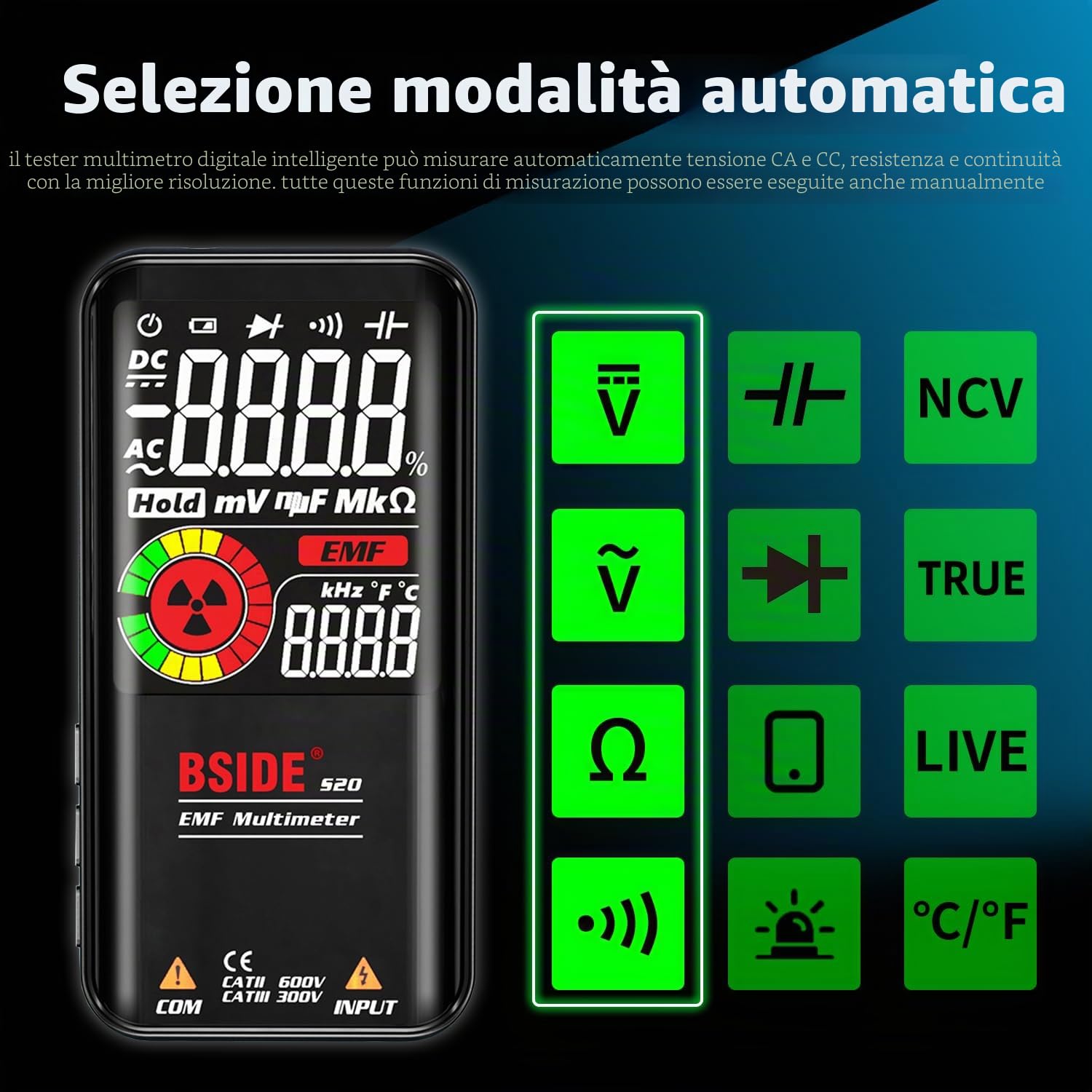 BSIDE S20 Multimetro Digitale Automatico Ricaricabile Display a Colori 3 Risultati Tester Intelligente con Rilevatore EMF Tester di Tensione Capacità Continuità Ohm Hz Diodo Filo Vivo con Custodia