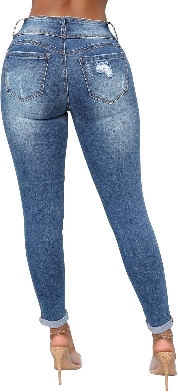 KUNMI Women's Skinny Ripped Trendy Jeans Distressed Stretchy Denim Pants