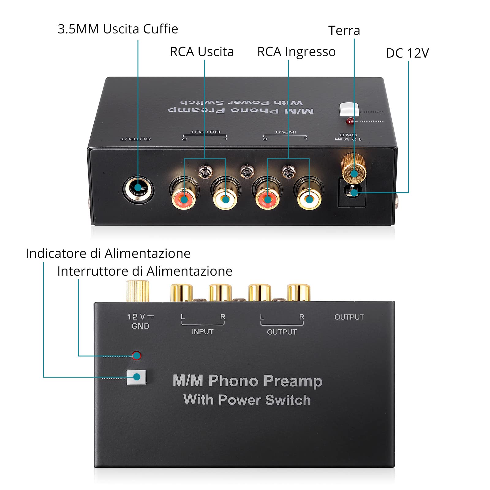 MM Phono Preamplificatore DC 12V Audio Stereo Preamp per Giradischida a Basso Rumore con Uscita RCA e TRS