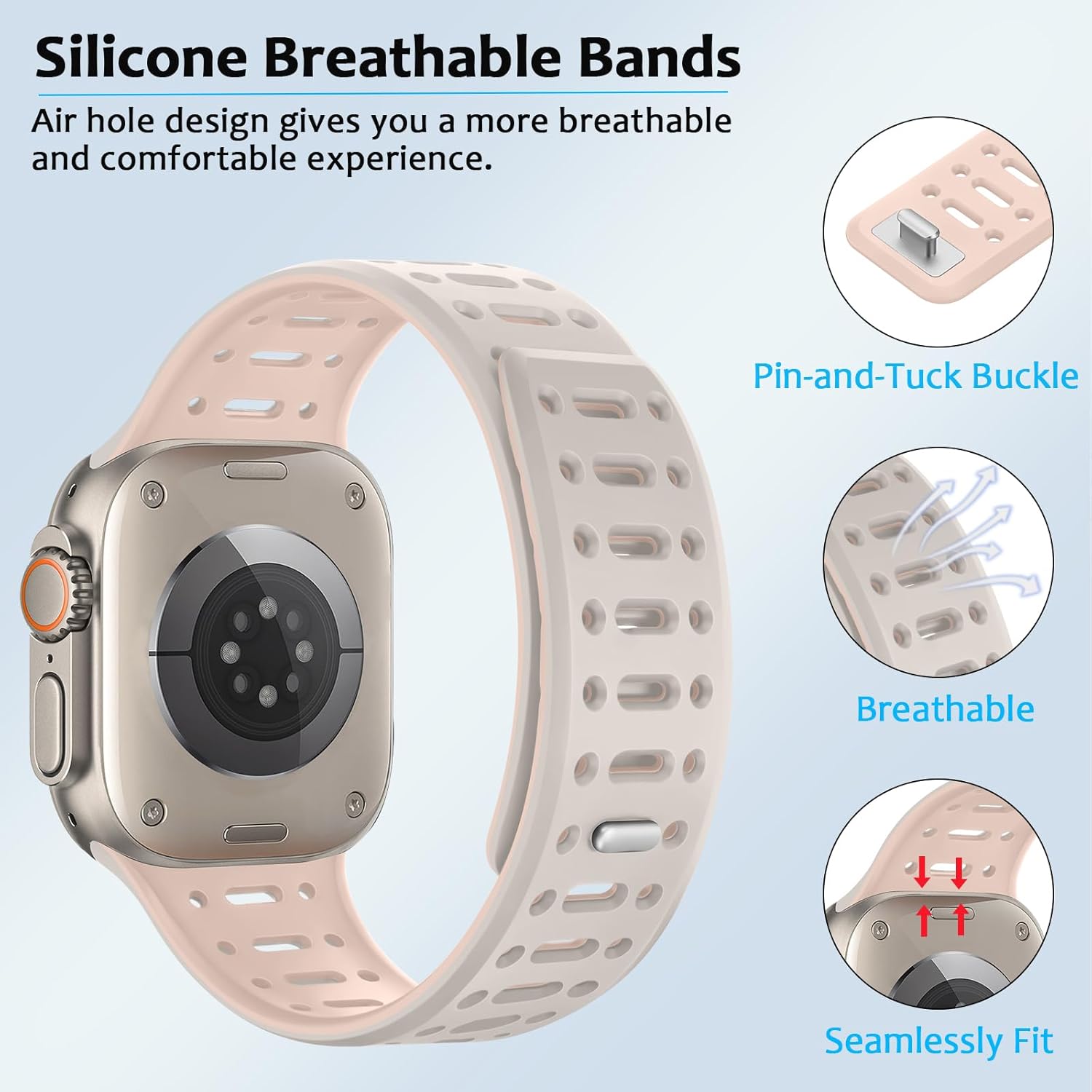 Amizee Compatible with Apple Watch Band 49/46/45/44/42/41/40/38mm Men, Silicone Breathable Magnetic Strap for iWatch Ultra 3/2/1 Series 11 10 9 8 7 6 5 4 SE3/2/1 (49/46/45/44/42mm, Starlight Pink) - Image 3