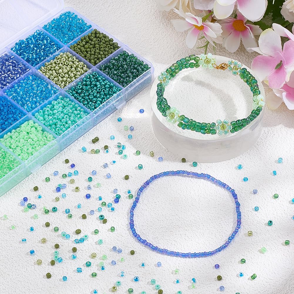 WADORN 15 Colors 4950Pcs Blue Green Glass Seed Beads, 3mm 4mm Mini Seed Bead Bulk Colorful Smooth Pony Bead Small Round Waist Loose Spacer Beads for DIY Necklace Bracelet Earring Jewelry Making - Image 4