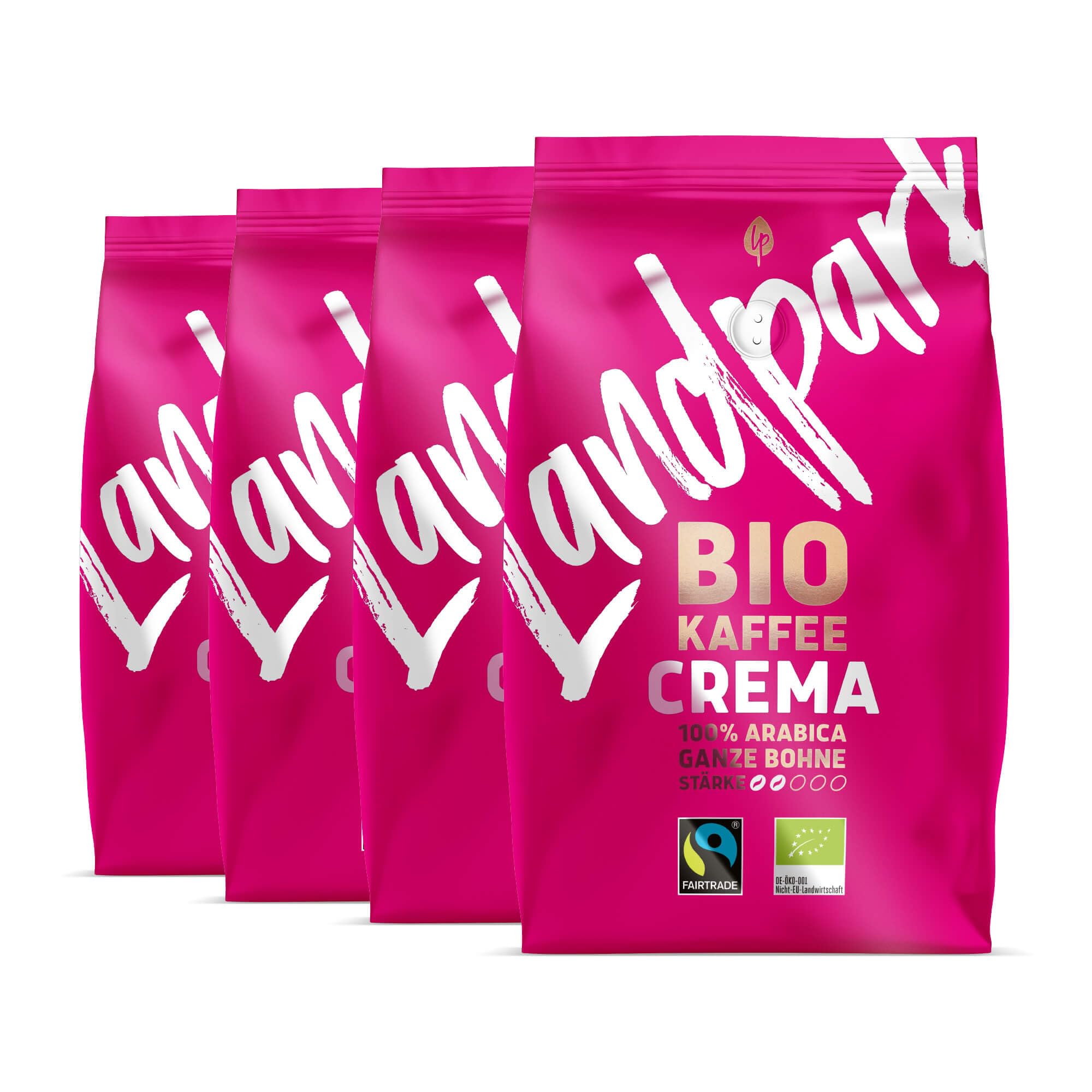 Landpark Bio Kaffee Crema 500g (4er Pack) - 100% Arabica Kaffeebohnen - Medium Roast - Säurearmer Bohnenkaffee - Fair Trade gehandelt