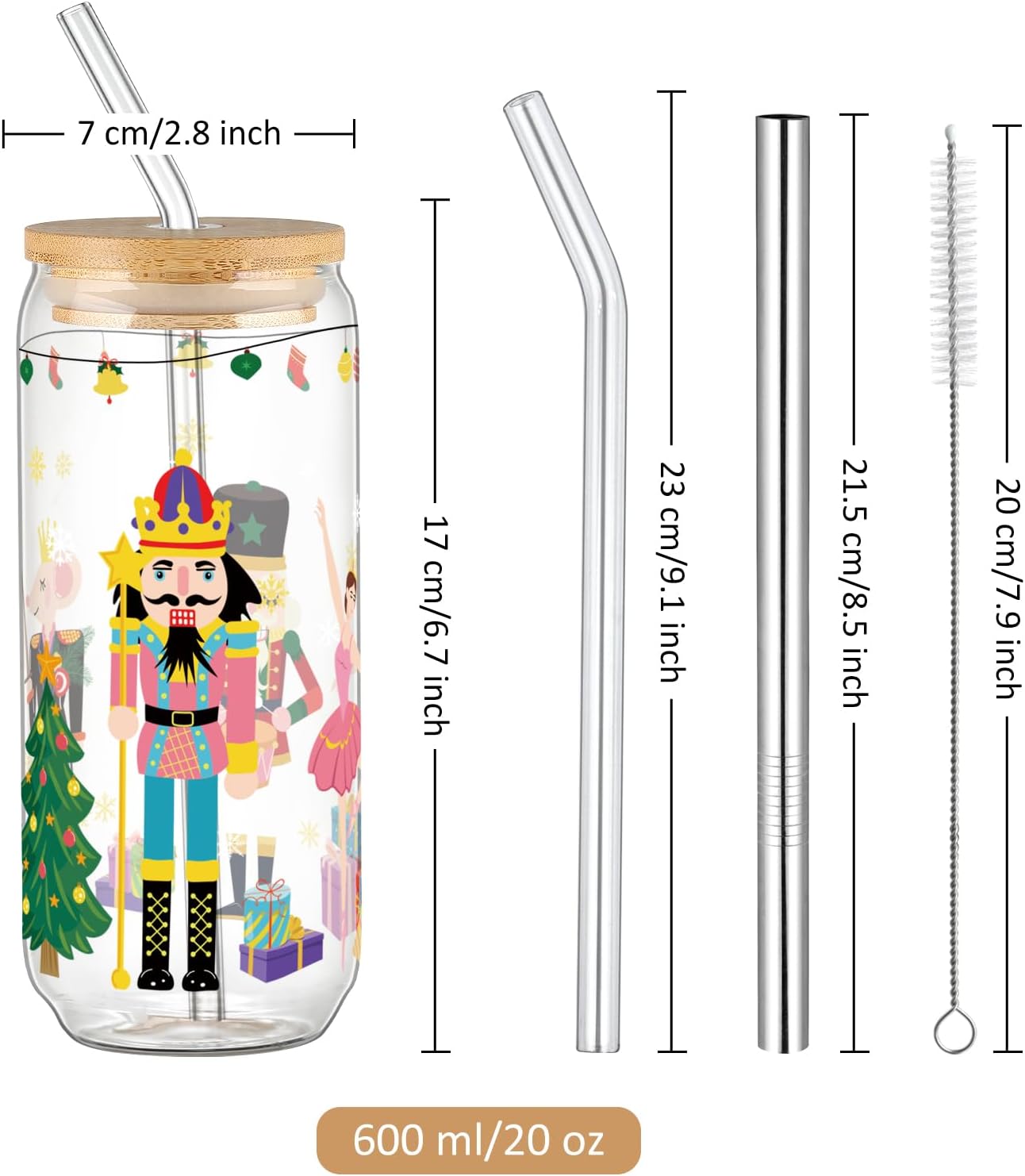 Joeyan Christmas Glass Cups with Lids and Straws,Xmas Nutcracker Tumbler Iced Coffee Glass with Keychain and Socks,Decorative 20oz Drinking Glasses with Tree Soldiers Patterns,Gift for Women Family - Image 6
