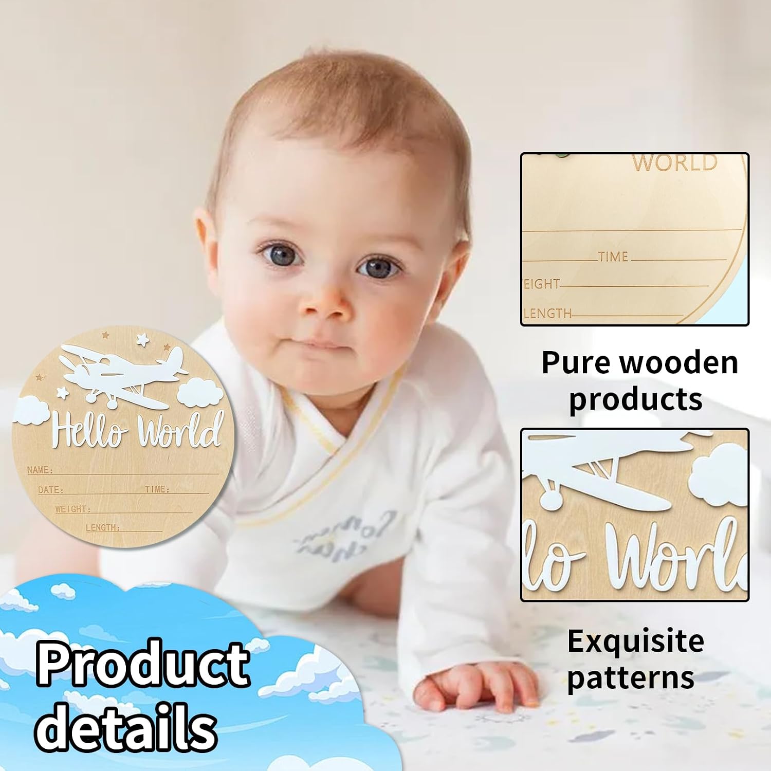 Baby Announcement Sign, 5.9 Inch Wooden Hello World Newborn Sign,Welcome Baby Signs,Birth Announcement Signs,Newborn Name Personalized for Photo Prop Vintage Airplane Design Hospital Nursery (White,White)
