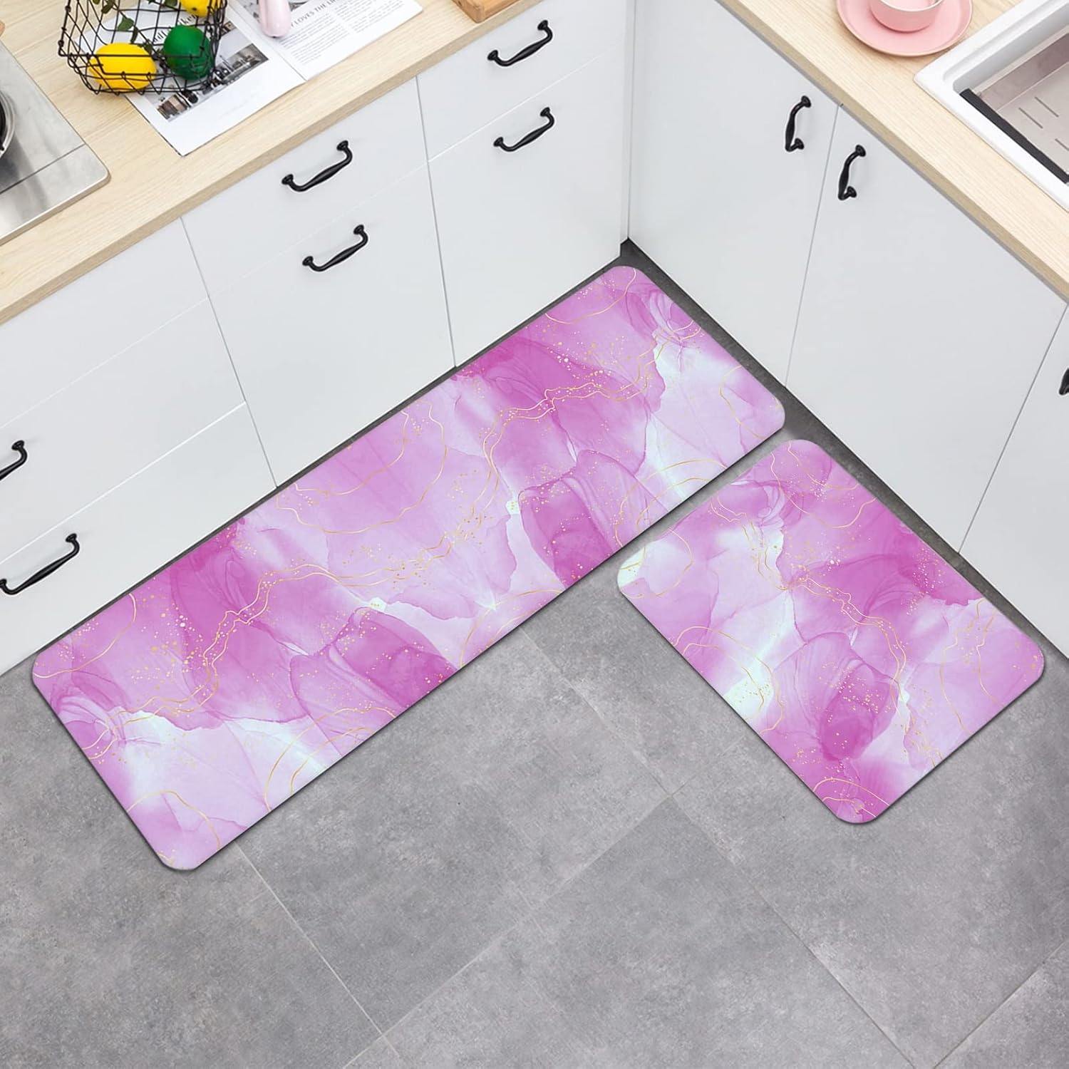 Watercolor Pastel Marble 2 Pieces Kitchen Mats Floor Area Rug Set Abstract Golden Lines Non-Slip Doormat, Indoor Water Absorbent Standing Runner Rugs for Home Decor Fantasy Art