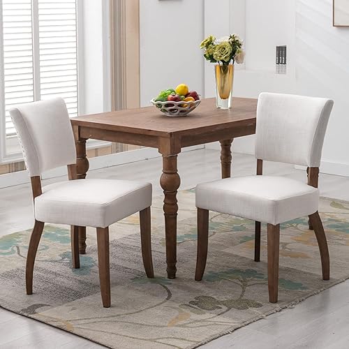 ZH4YOU Juego de 2 sillas de comedor color crema, sillas tapizadas de lino, sillas de comedor de granja con respaldo de cabeza de clavo y patas de