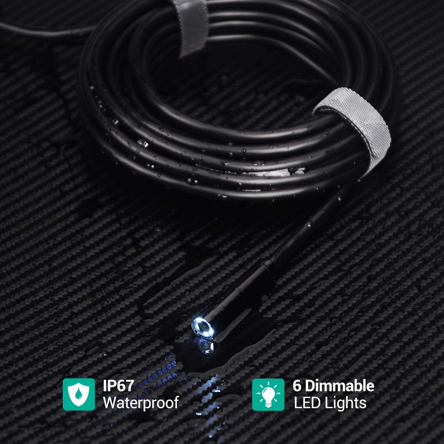 Close-up of the borescope probe showing its IP67 waterproof rating and 6 dimmable LED lights.