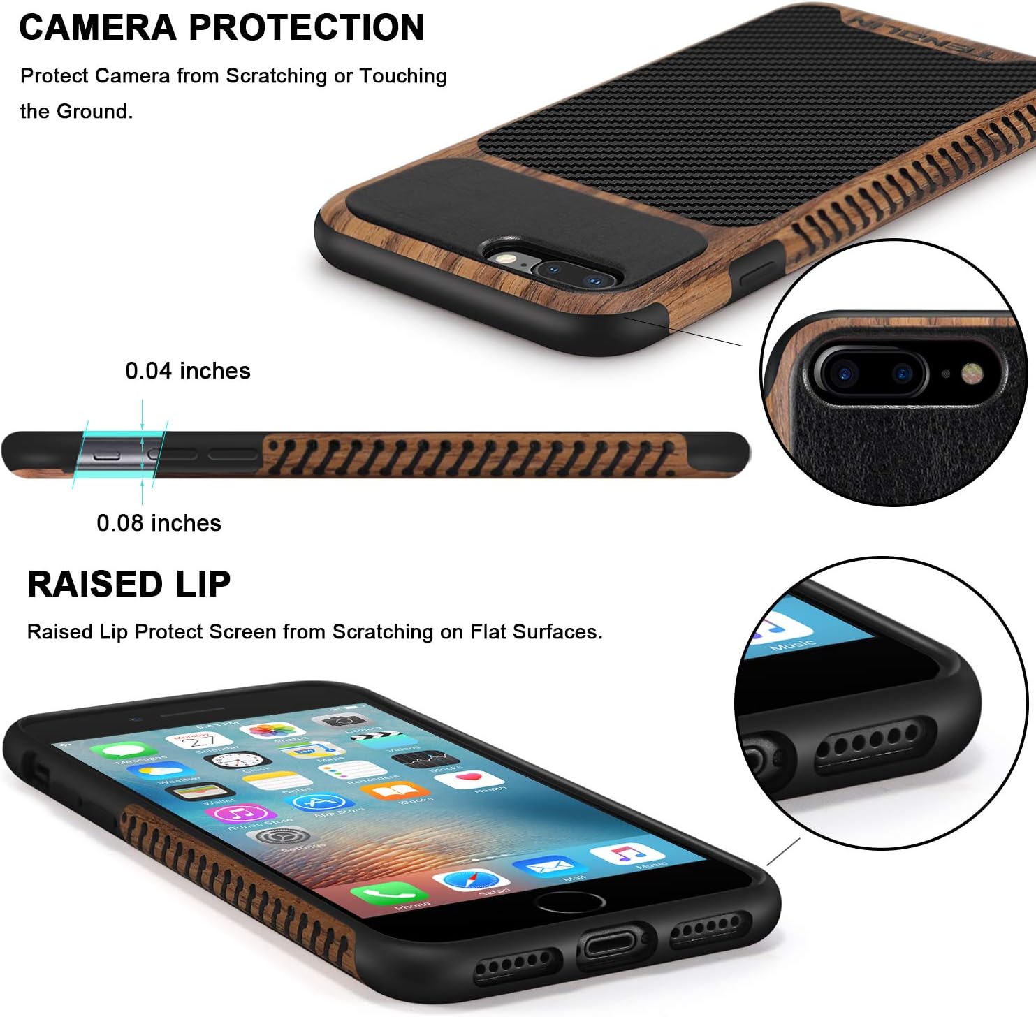 TENDLIN Compatible with iPhone 7 Plus Case/iPhone 8 Plus Case Wood Grain with Carbon Fiber Texture Design Leather Hybrid Slim Case (Carbon & Leather)