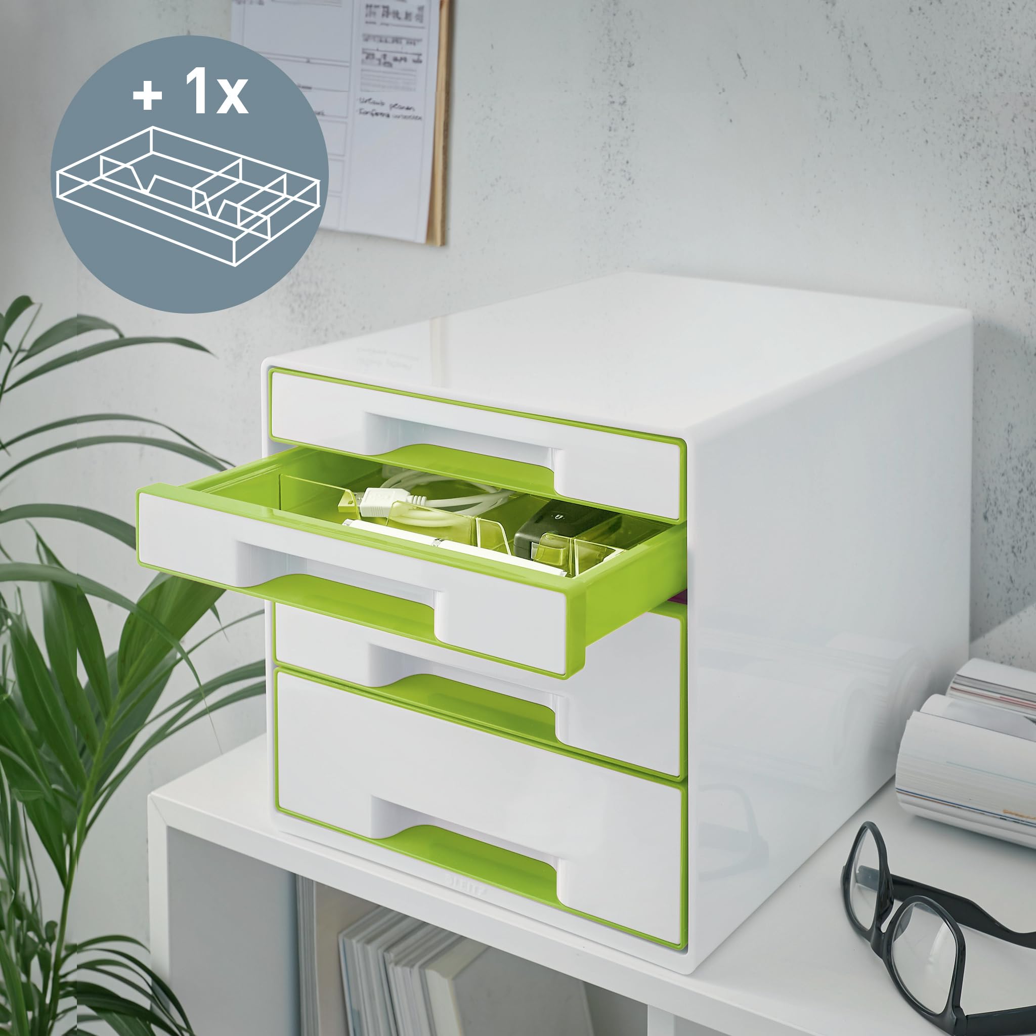 Leitz CUBE Schubladenbox mit 4 Schubladen, Weiß/Grün, A4, Inkl. transparentem Schubladeneinsatz, WOW, 52132054