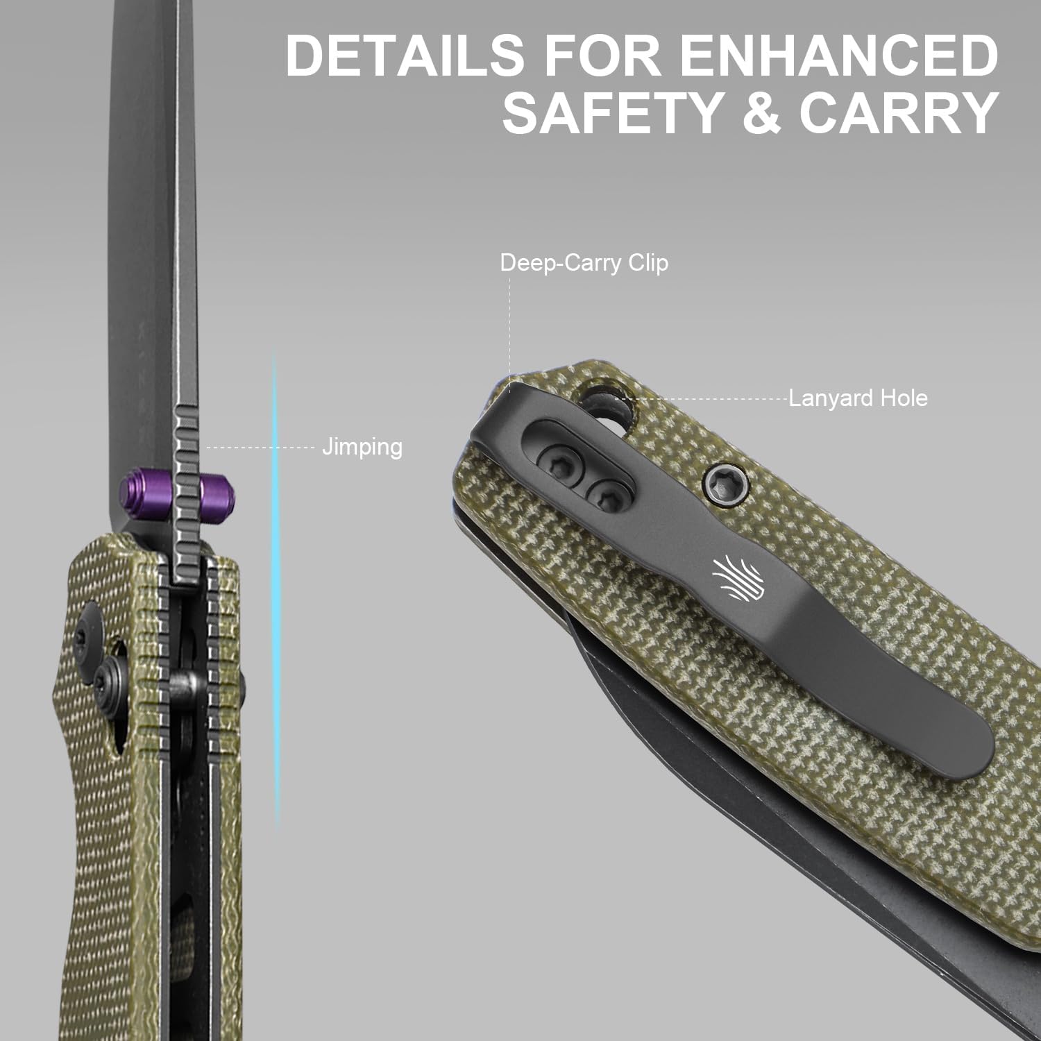 Kizer Pokiman CS Pocket Knife, 3.16" Sheepsfoot D2 Blade Folding Knives with Olive Green Micarta Handle, Thumb Stud EDC Knife for Men Women V3789M3