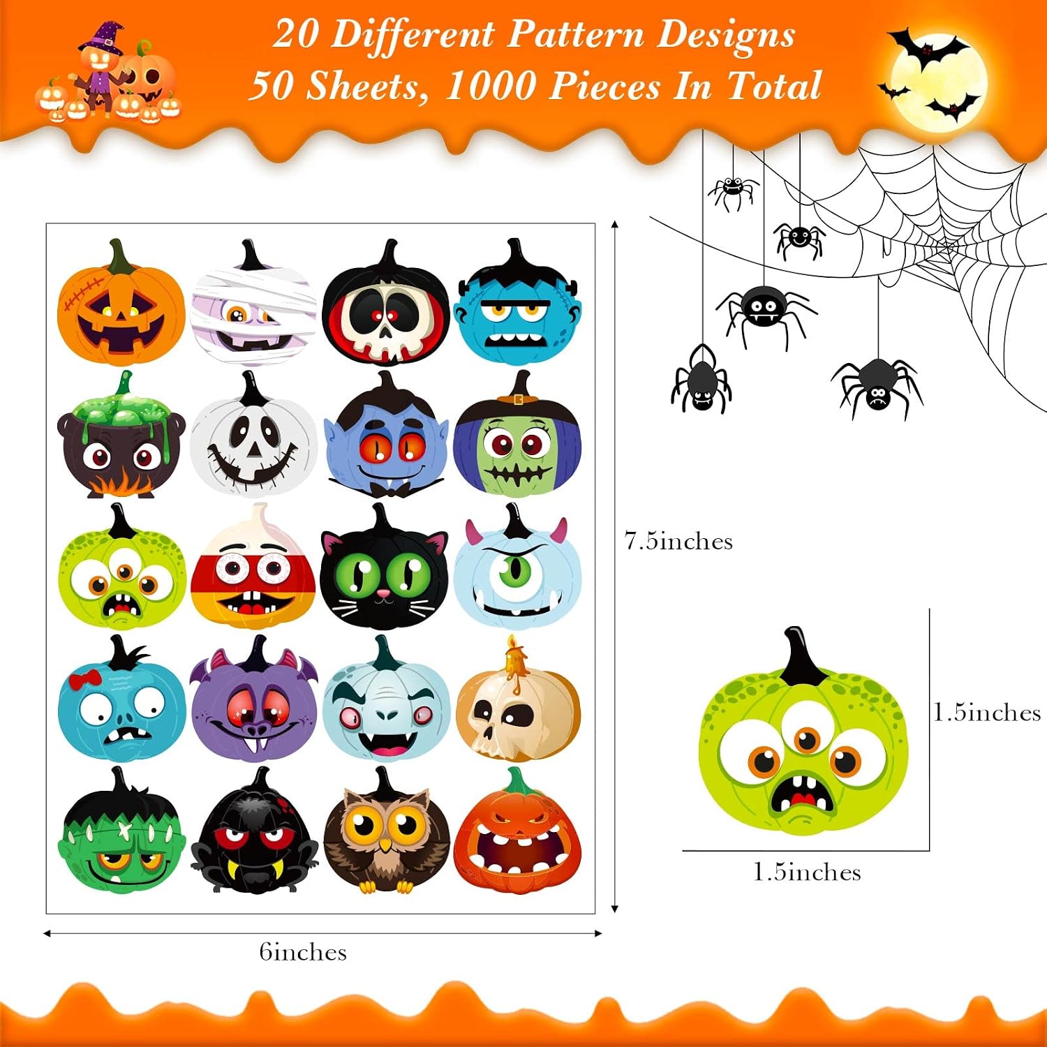 Funrous 1000 Piece Halloween Stickers 1.5 Inch Halloween Pumpkin Character Stickers, 20 Designs Pumpkin Face Favor for Kids Gift Bags Party Decoration