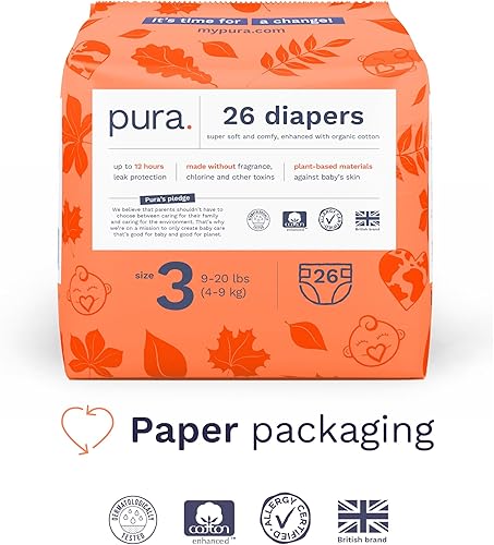 Miniatura 2 de Pura Pañales ecológicos talla 3 (9-20 libras) hipoalergénicos, algodón orgánico suave, sostenible, hasta 12 horas de protección contra fugas,