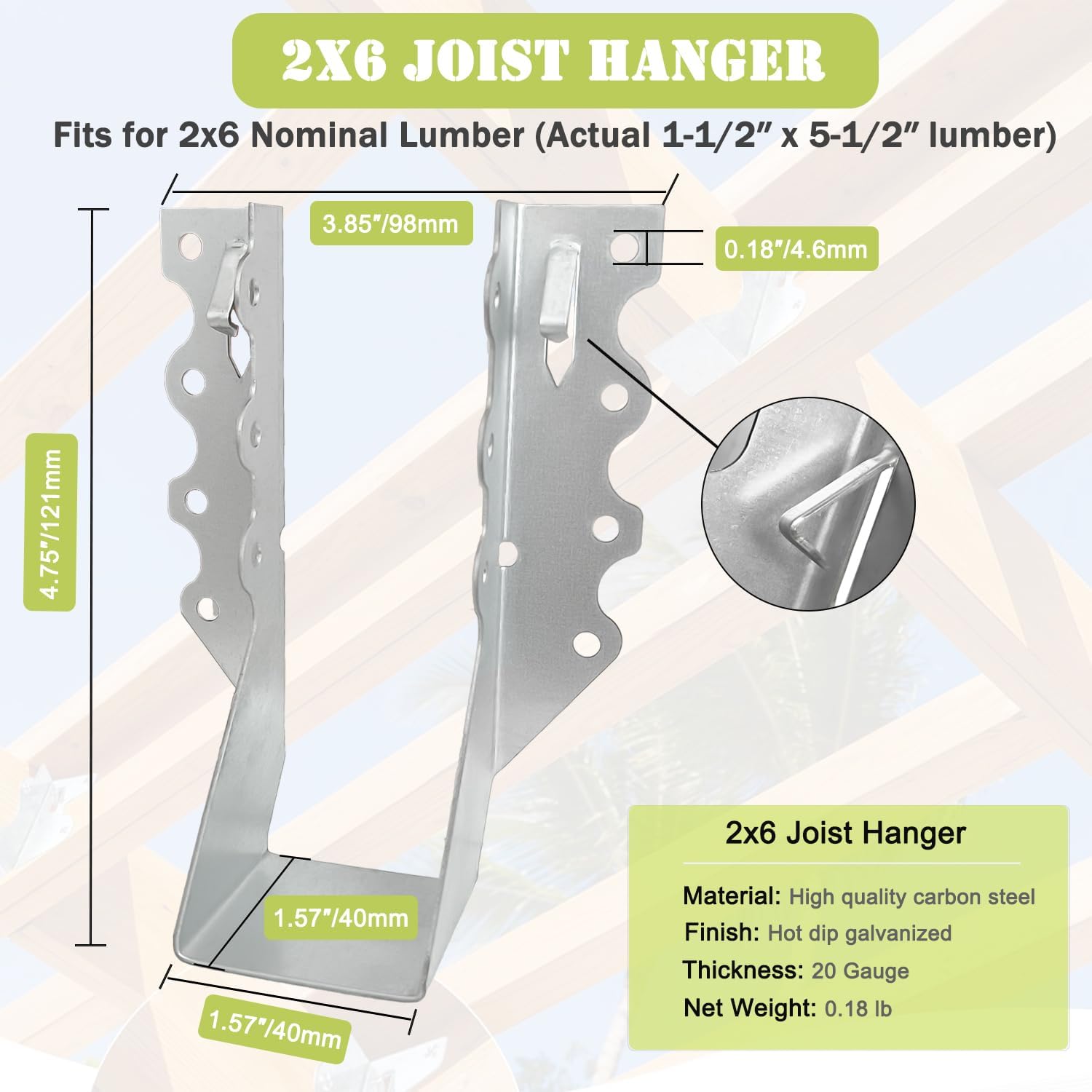 (20 Pack) 2" X 6" Joist Hanger 18 Gauge Double Shear Face Mount Joist Hangers for Wood, Floor Deck and Ceililng Joists
