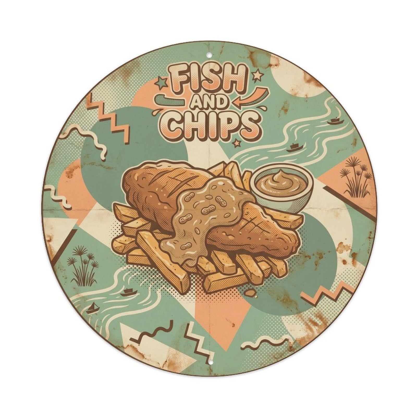 South Sudan Fish Supper Geometric Memphis Diner Culture Metal Tin Sign