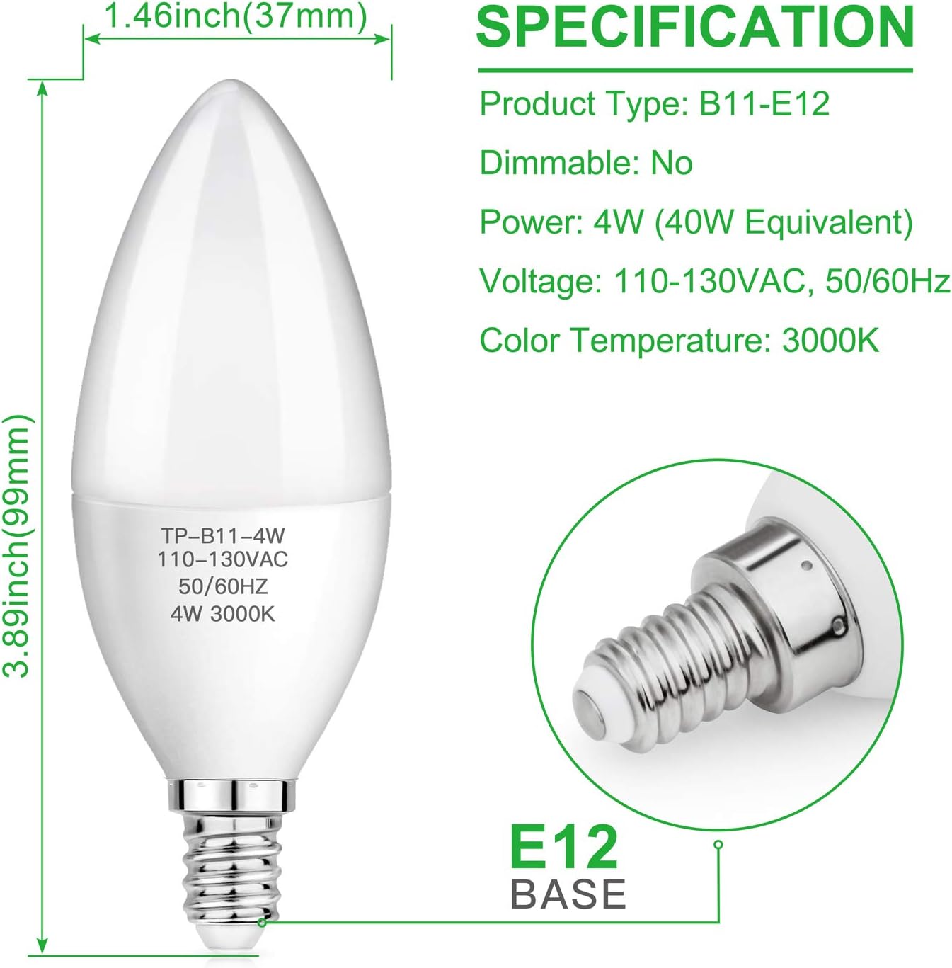 SHINE HAI E12 Candelabra LED Bulbs, 400Lumens, Updated 3000K Warm White LED Chandelier Bulbs, 40W Equivalent, B11 LED Candle Light Bulbs, CRI85+, Non-Dimmable, Pack of 12