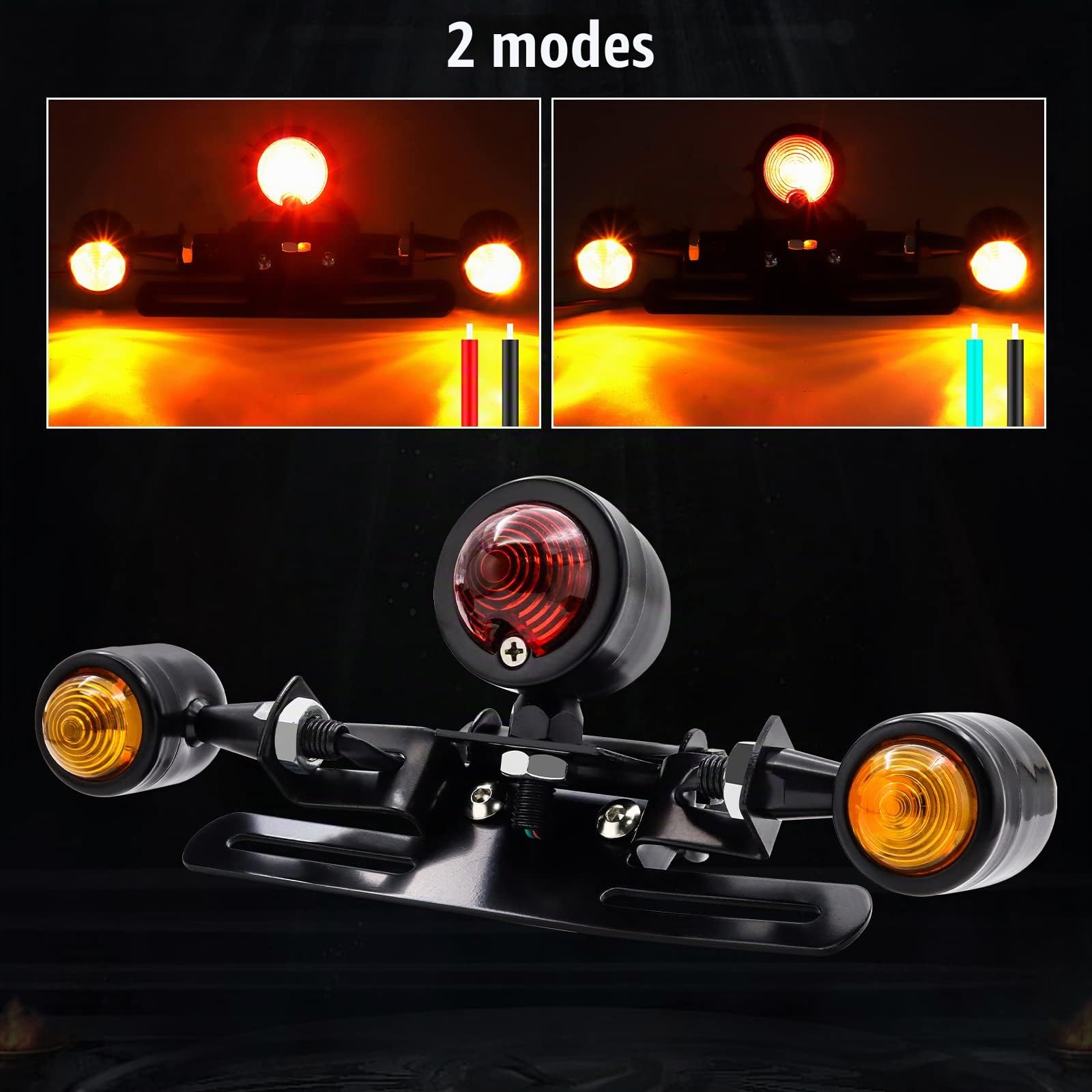 Feu arrière de moto, 12V 3 têtes en forme de balle intégré led feu stop clignotant lampe universelle de plaque d'immatriculation de moto, noir.