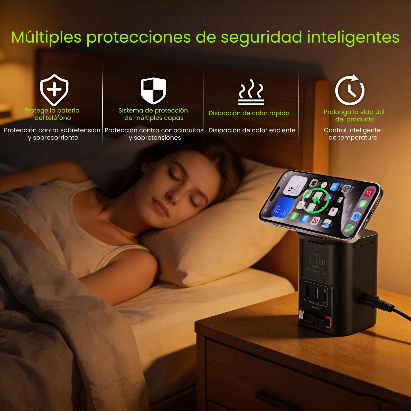 Torre de Carga 6 en 1, Estación de Carga GAN 100W con Cargador Inalámbrico Qi2.2 25W, Cable USB-C Retráctil 65W, Puerto USB-C 65W, HDTV 2.1 8K y Hub USB 3.0 para Oficina y Hogar