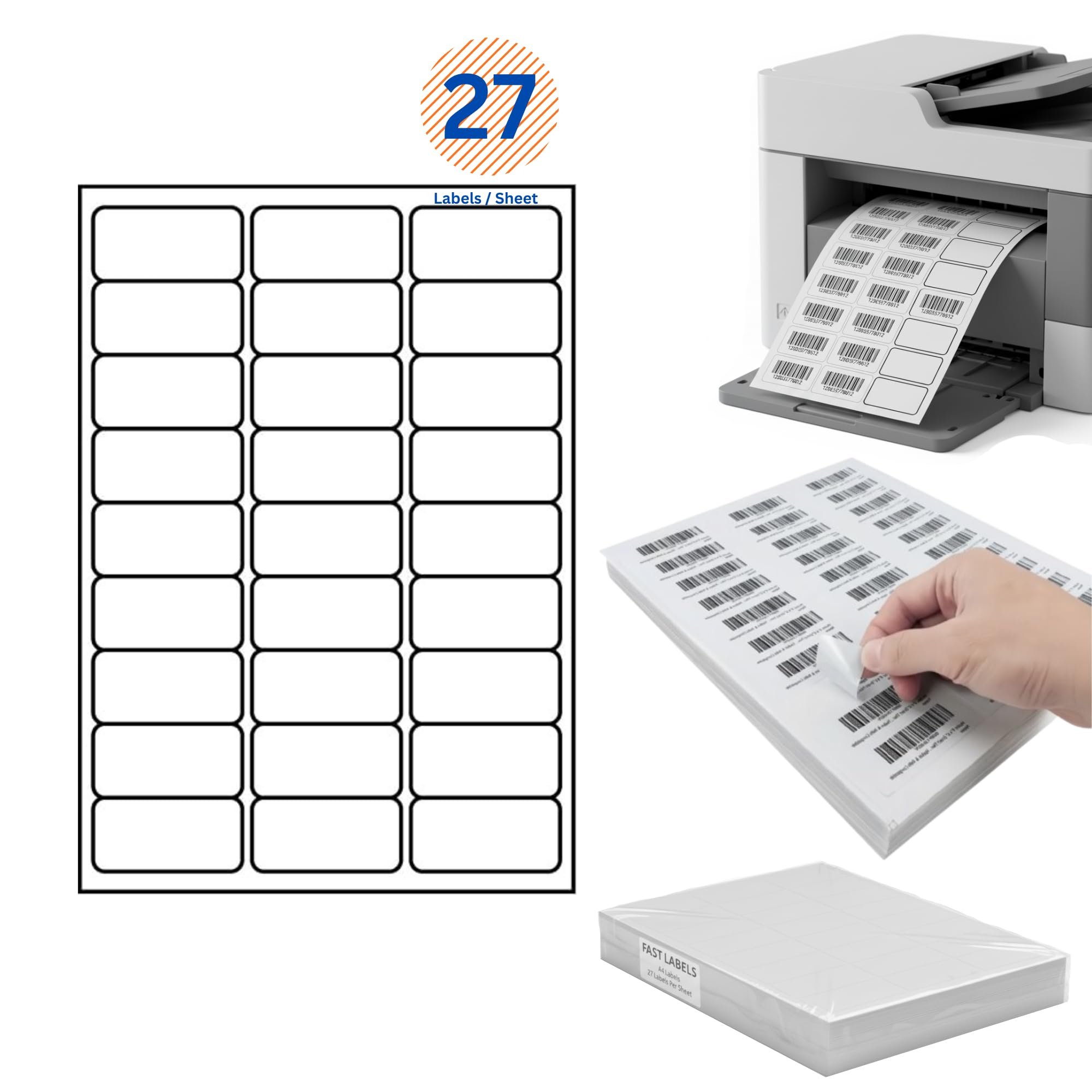 A4 Self Adhesive Address Labels 27 Per Sheet (63.5x29.6mm) – 500 Sheets 13500 Labels Bulk Printable Mailing & Barcode Stickers for Inkjet & Laser Printers Label Paper for Office & Warehouse.