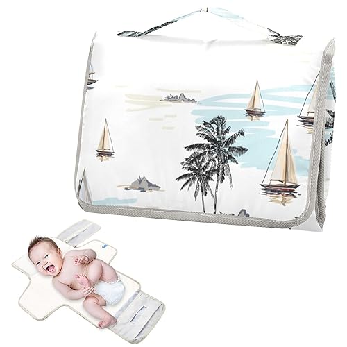 Miniatura 2 de Cambiador portátil de barcos con palmeras para bebé, unisex, impermeable, plegable, cambiador de bebé con almohada y correa para el hombro,