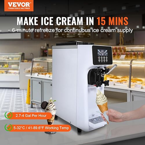 Miniatura 2 de VEVOR Máquina de helado comercial, rendimiento de 10.6 QTH, 1000 W de sabor único para encimera de helado suave, con tolva de 4 L cilindro de 1.6 L,
