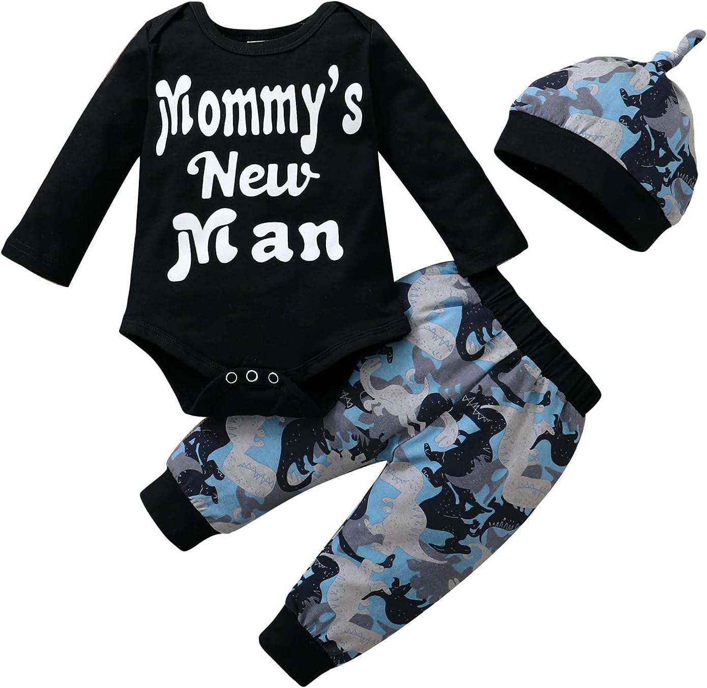 Baby Boys Clothes Set Mommys New Man Romper + Dinosaur Print Pants + Hat 3Pcs Outfit
