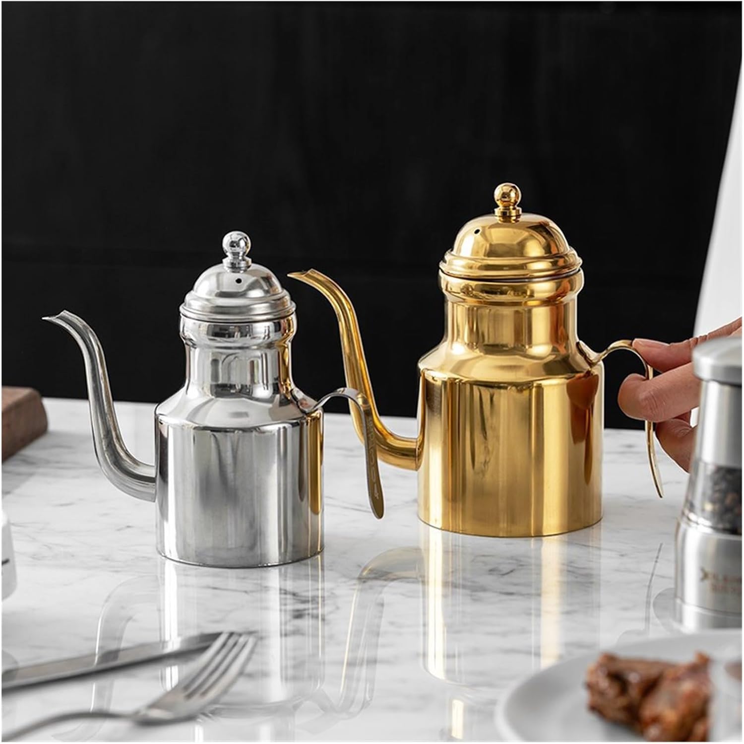 Stainless Steel Oil Dispenser Bottle, 310ml/500ml Long Spout Grease Container, Vinegar Sauce Seasoning Condiment Jar for Kitchen(Gold 310ml)