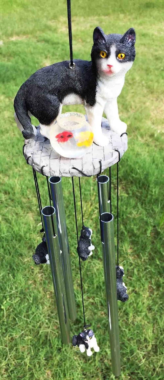 Ebros Gift Feline Tuxedo Black White Kitty Cat with Fish Bowl Resonant Wind Chime Home Patio Garden Mobile Decor of Cats Kittens Kitties Decorative Noisemakers