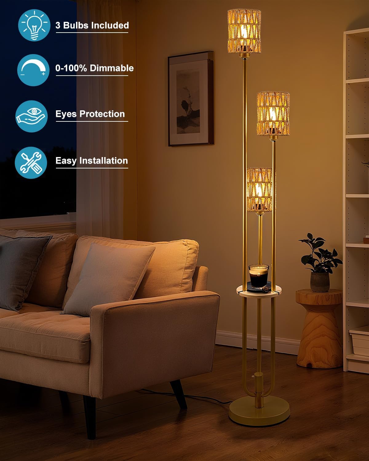 Lightdot Dimmable Boho Floor Lamps for Living Room, 3-Lights Rattan Floor Lamp with Shelves, Farmhouse Floor Lamp, Rustic Gold Standing Lamp with Warmwhite Bulbs Included for Sofa Beside/Corner Decor
