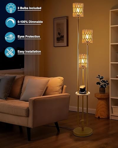 Miniatura 3 de Lightdot Lámparas de pie bohemias regulables para sala de estar, lámpara de pie de ratán de 3 luces con estantes, lámpara de pie de granja blanca