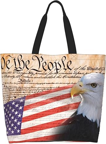 "We the People" Patriotic Canvas Tote Bag American Flag Eagle Constitution Print, Large Reusable Shoulder Handbag for Women, Travel, Gym, Grocery & Everyday Use