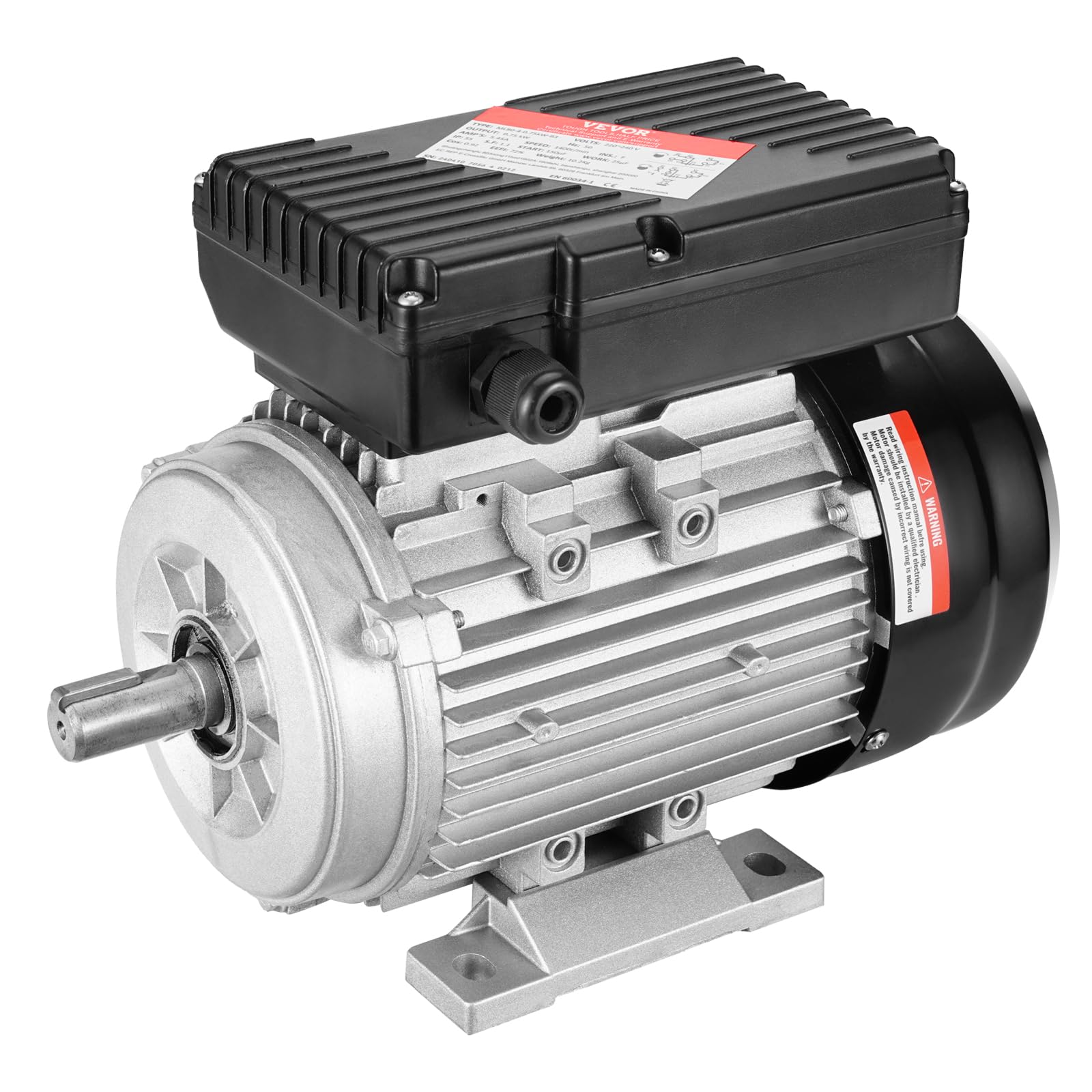 VEVOR Motor Eléctrico 0.75 kW 1400 RPM, CA 220~240 V 5,45 A, 80, Marco B3, Motor de Compresor de Aire Monofásico, Eje con Llave 19 mm, para Maquinaria Agrícola y Equipos Generales, 290 x 160 x 215 mm