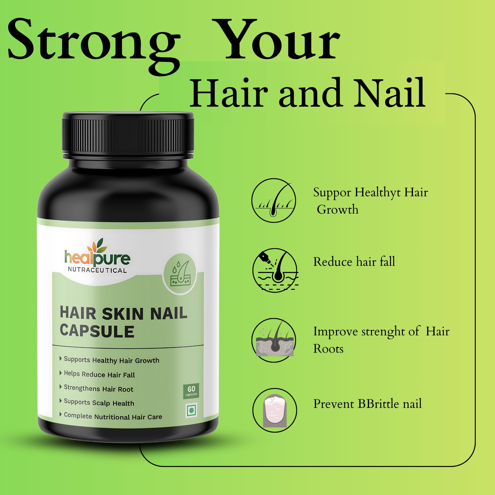 HEALPURE NUTRACEUTICAL Biotin (60 Capsules) | Hair Growth, Strong Hair and Glowing Skin, Fights Nail Brittleness. 2