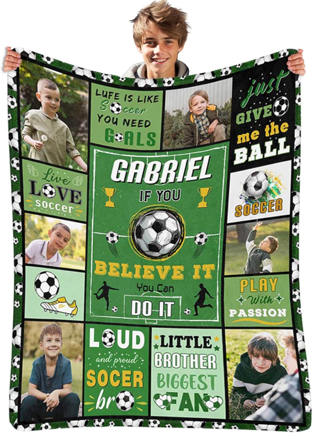 Custom Personalized Gifts for Boys & Girls - Soccer Blankets with Photo & Name, 60''x80''