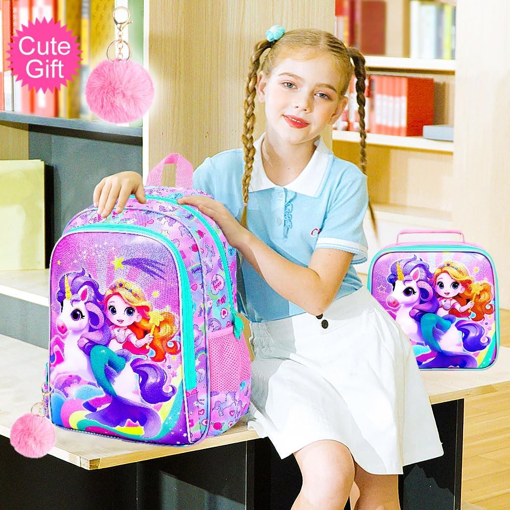 KLFVB 3PCS Girls Mermaid Backpack, Water Resistant Kids Unicorn Bookbag with Lunch Box, 16" Preschool Backpacks for Elementary - Image 7