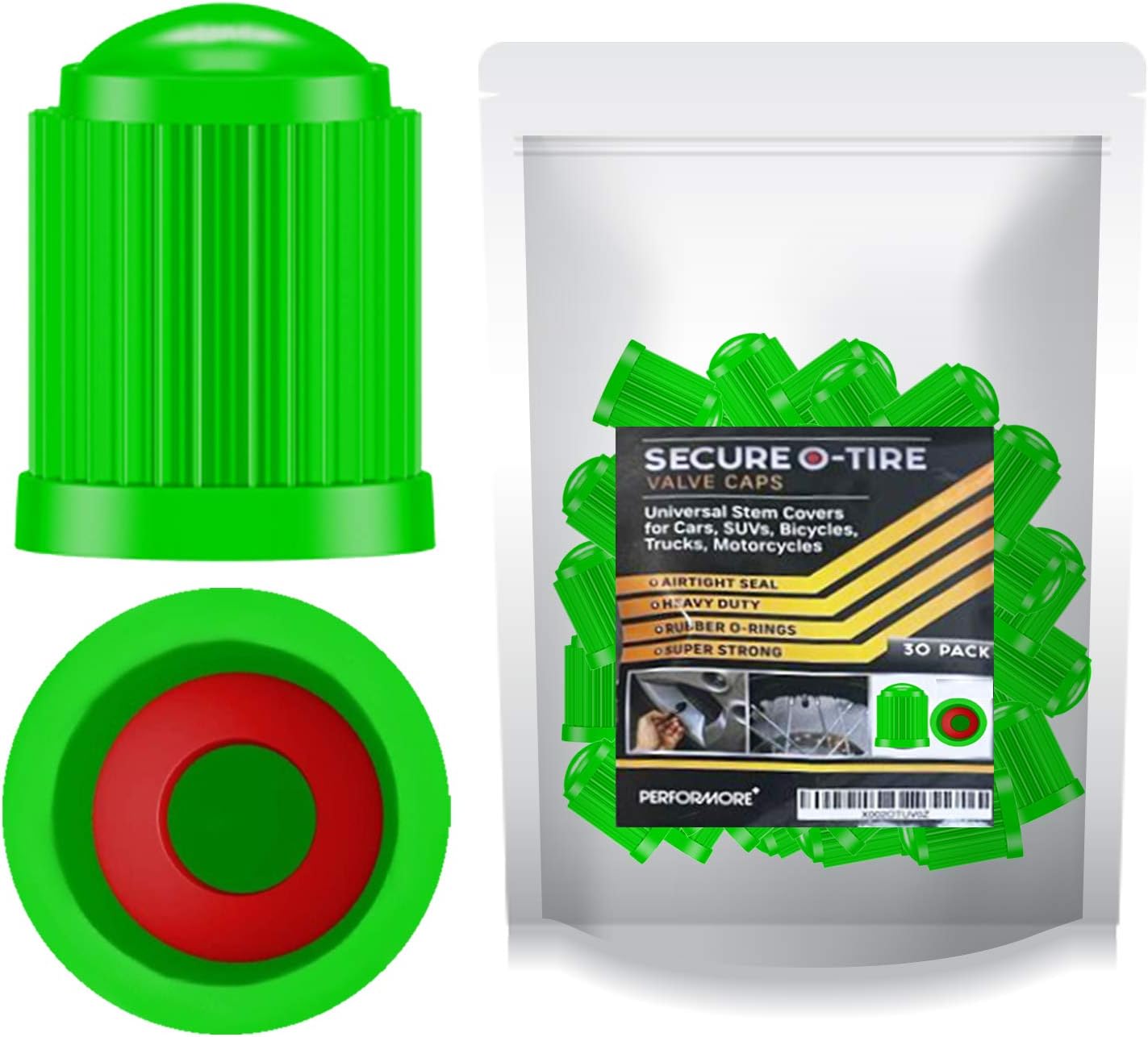 Performore 30 pcs Tire Valve Caps Heavy-Duty Stem Covers with O-Rubber Rings, Universal Car Wheel Tire Caps Dust Cover for Cars, SUVs, Bikes, Bicycles, and Motorcycles(Green)