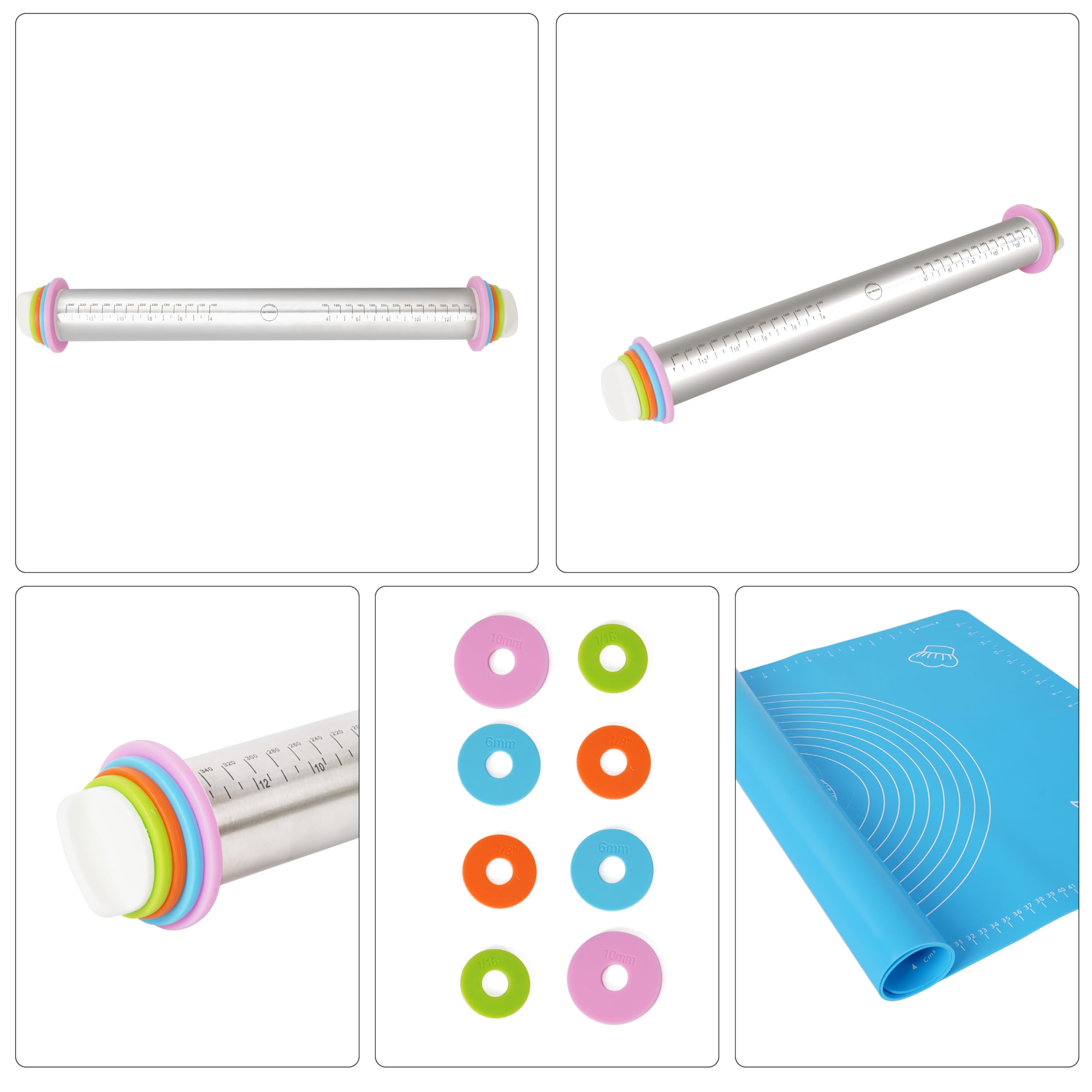 Rodillo de masa de acero inoxidable con anillos de grosor ajustables y alfombrilla de silicona para hornear, antiadherente, apto para alimentos, perfecto para galletas, pizzas y repostería,