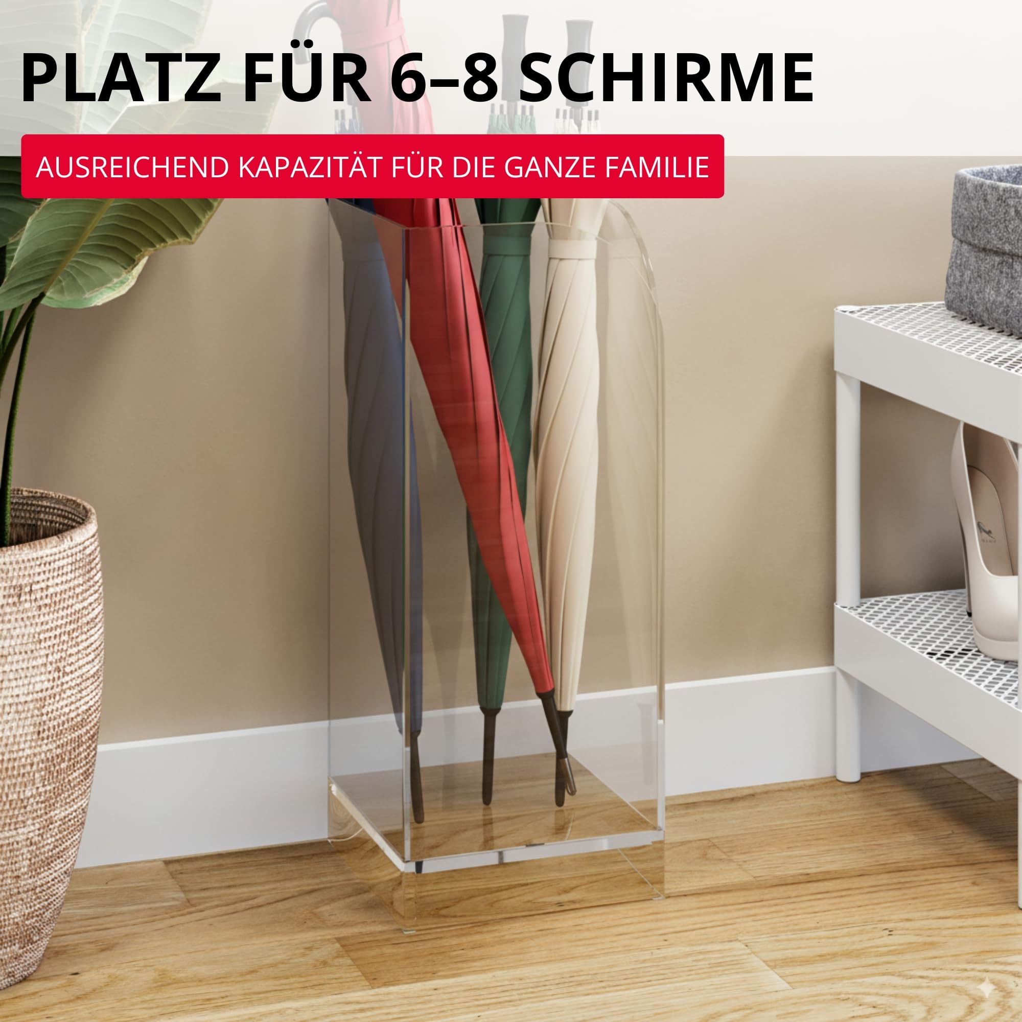 StarK Regenschirmständer Acryl – 50x20 cm quadratisch & transparent | Schirmständer Regenschirm für 8 Schirme | Stilvolles Design, elegant & passend für Flur, Büro & Praxis