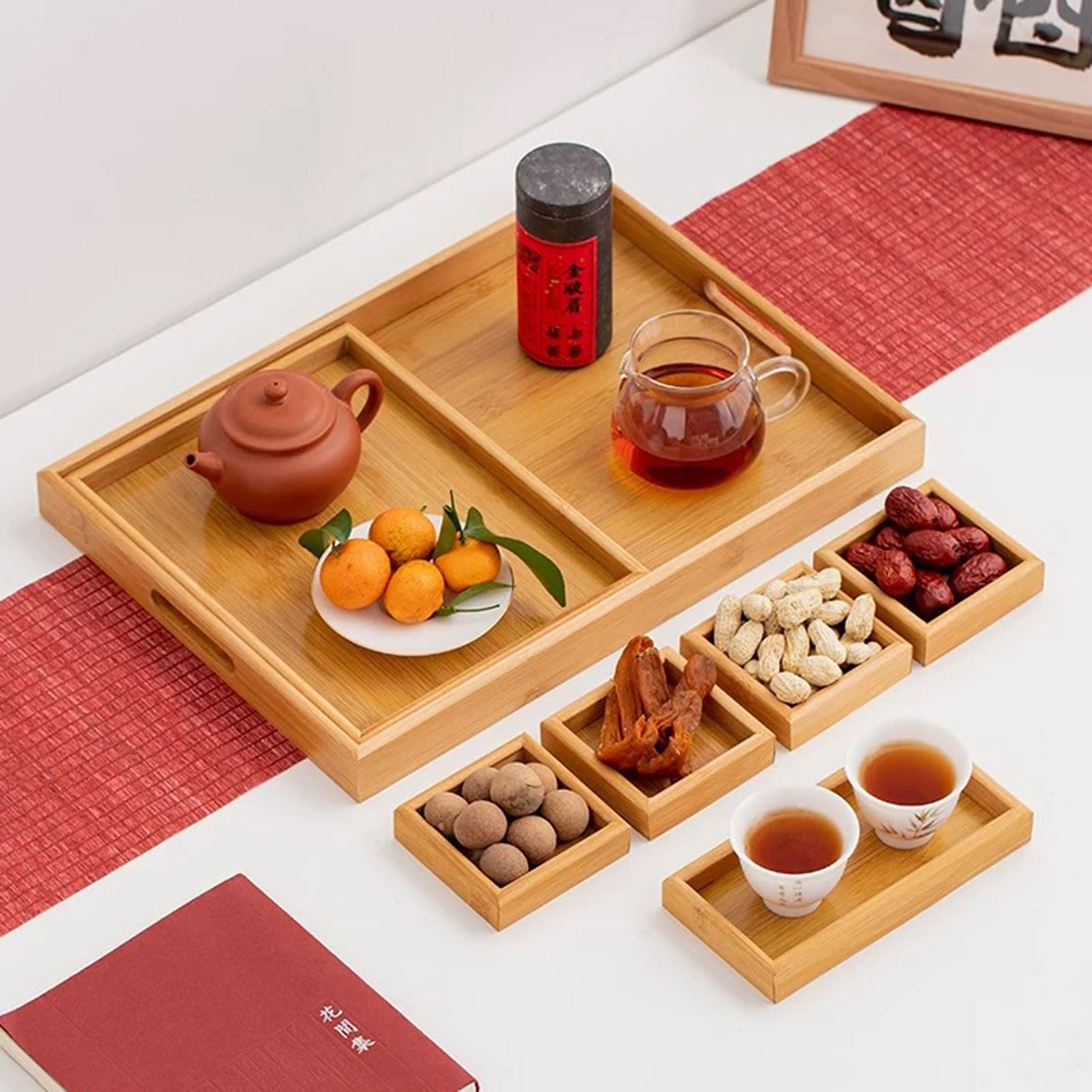 HUHJYUGE Plateau de Service en Bambou, Plateau À Collations en Bambou avec Compartiments, pour Fruits Secs, Bonbons, Noix, Desserts, Maison Ou Table À Thé (39x28x3.5cm)