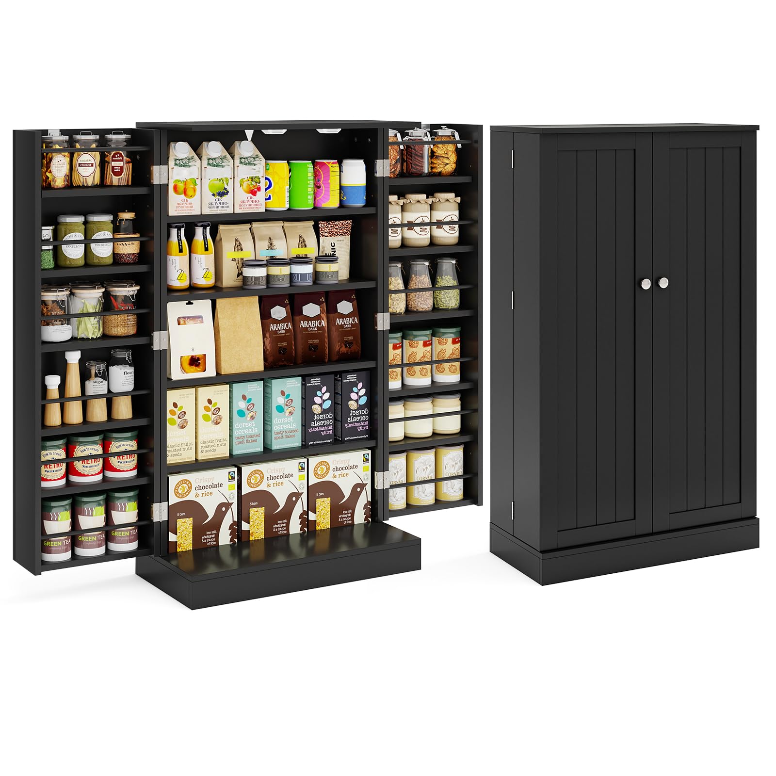 TANGZON Kitchen Cupboard, Kitchen Pantry Cabinet with Doors & Adjustable Shelves, Space Saving Larder Storage Cupboard Organiser for Dining Room Living Room Entryway (Black, 59 x 30 x 104cm)