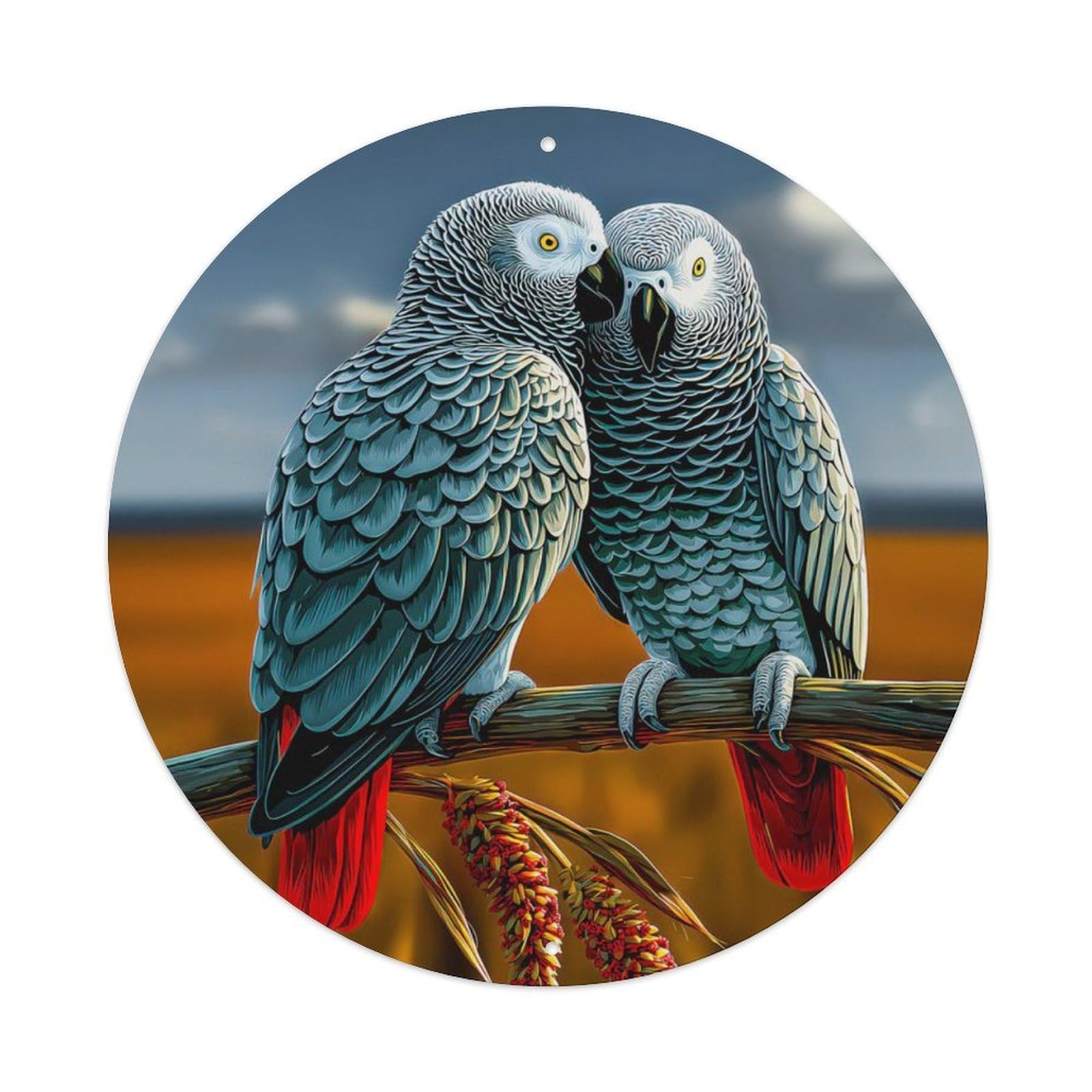 Animal African Grey Parrot Sorghum Field Intimate Bird Vintage Metal Tin Sign Plaque Wall Decor for Cafe, Club Bar, Office, Garden Metal Poster 8x8Inch