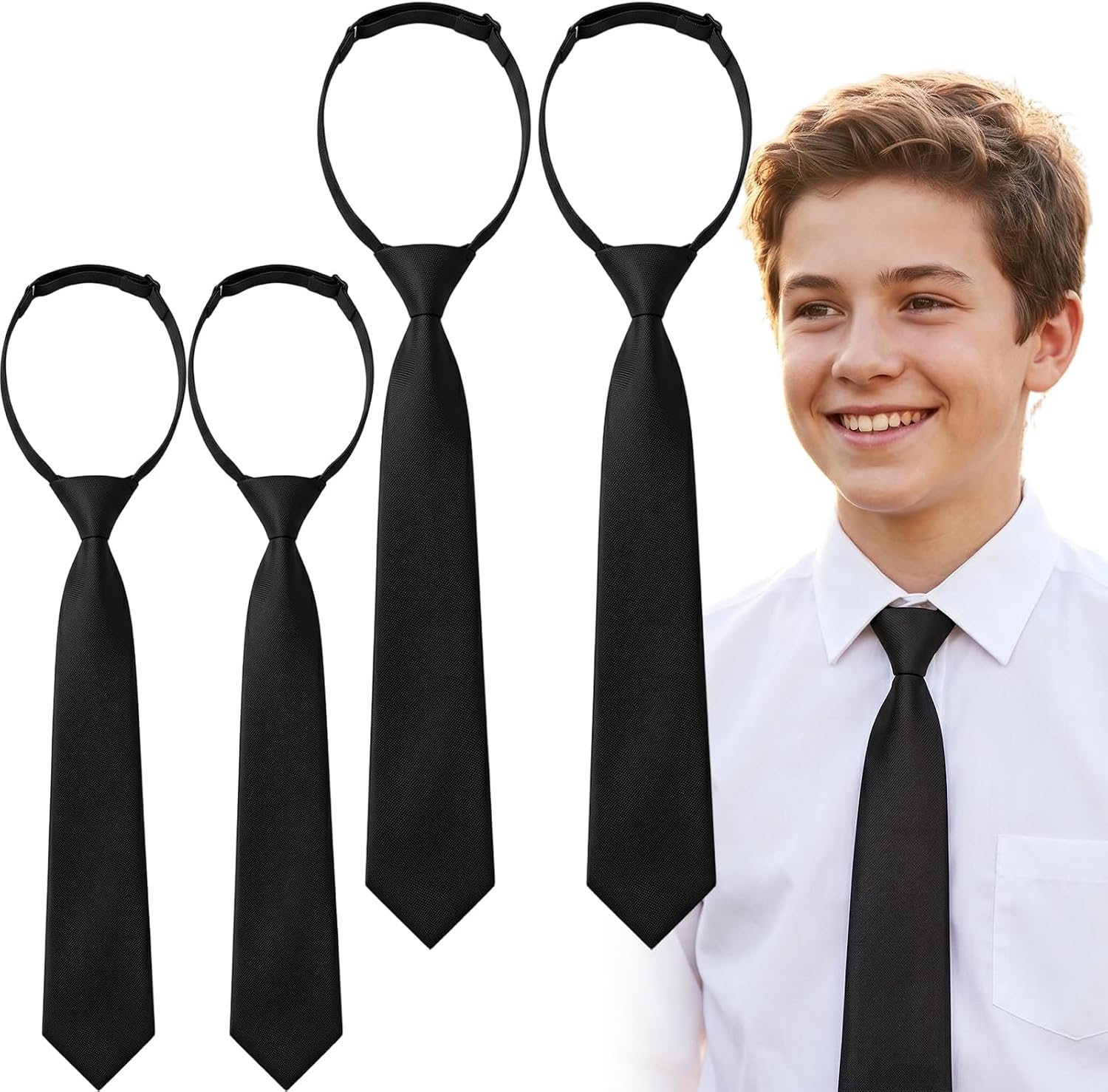 4 Pack Boys Black Pre-Tied Ties - Adjustable Neckties for Kids and Youth 14-16 Years Old, Perfect for Wedding, Graduation, School Uniforms, and Formal Parties - Solid Black Finish