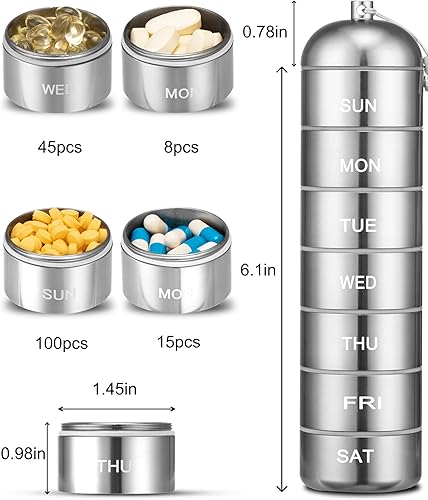 Miniatura 2 de Vorey Pastillero de metal organizador de píldoras de viaje, organizador de medicamentos, portátil, impermeable, semanal, pastillero, apilable,