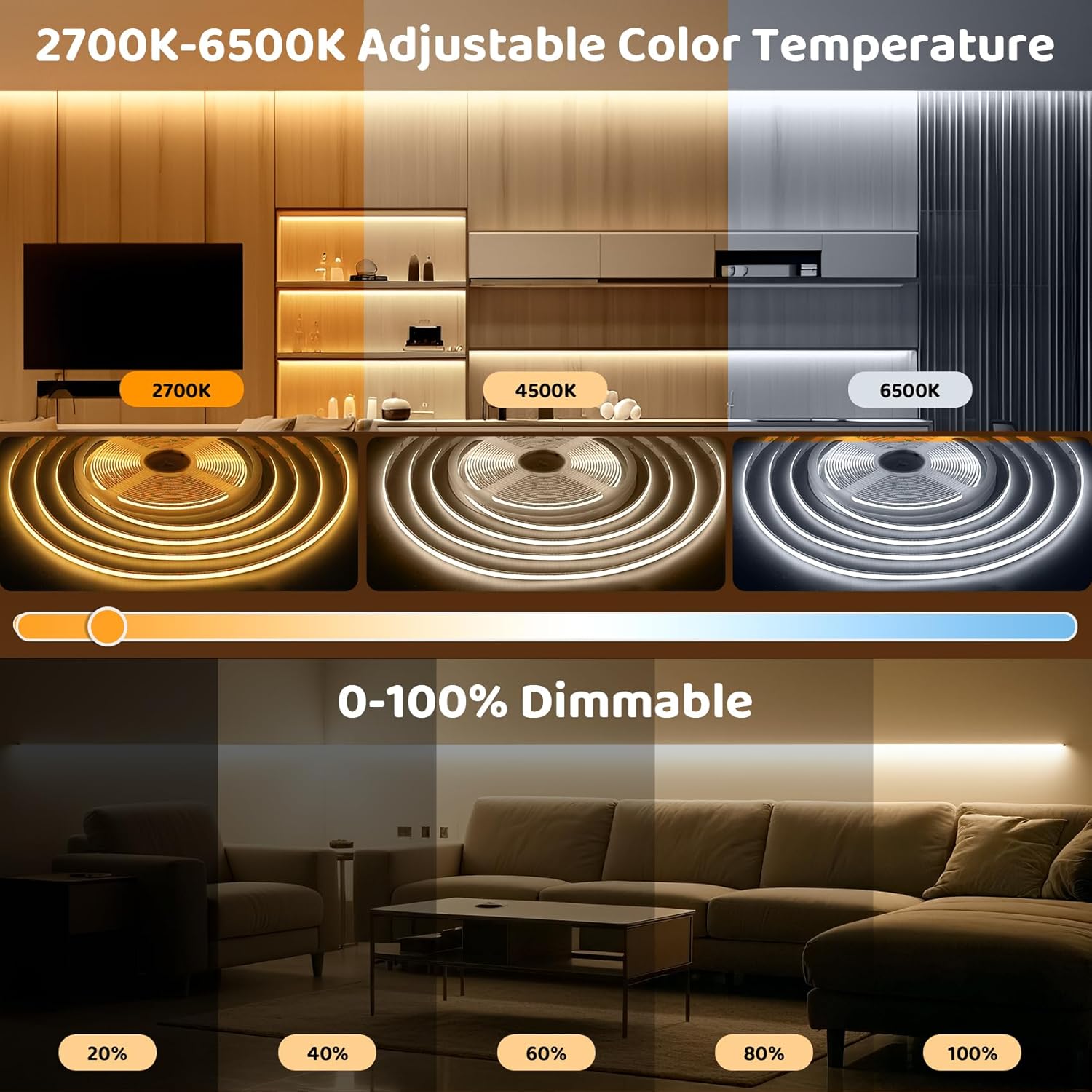 HOUHUI White COB LED Strip Lights 32.8Ft, 2700K-6500K CCT Tunable White Light Strip with Remote & App Control, CRI90+ 24V Dimmable Bright LED Tape Lights for Bedroom Under Cabinet Kitchen DIY Lighting - Image 2