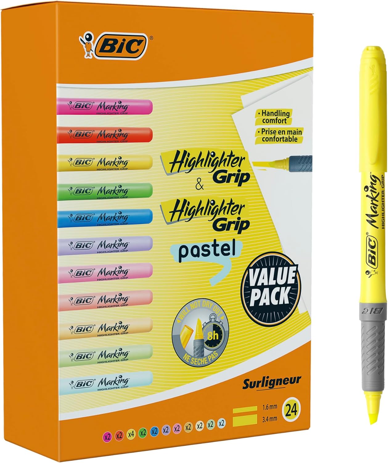 BIC Highlighter Grip & Highlighter Grip Pastel Pack of 24