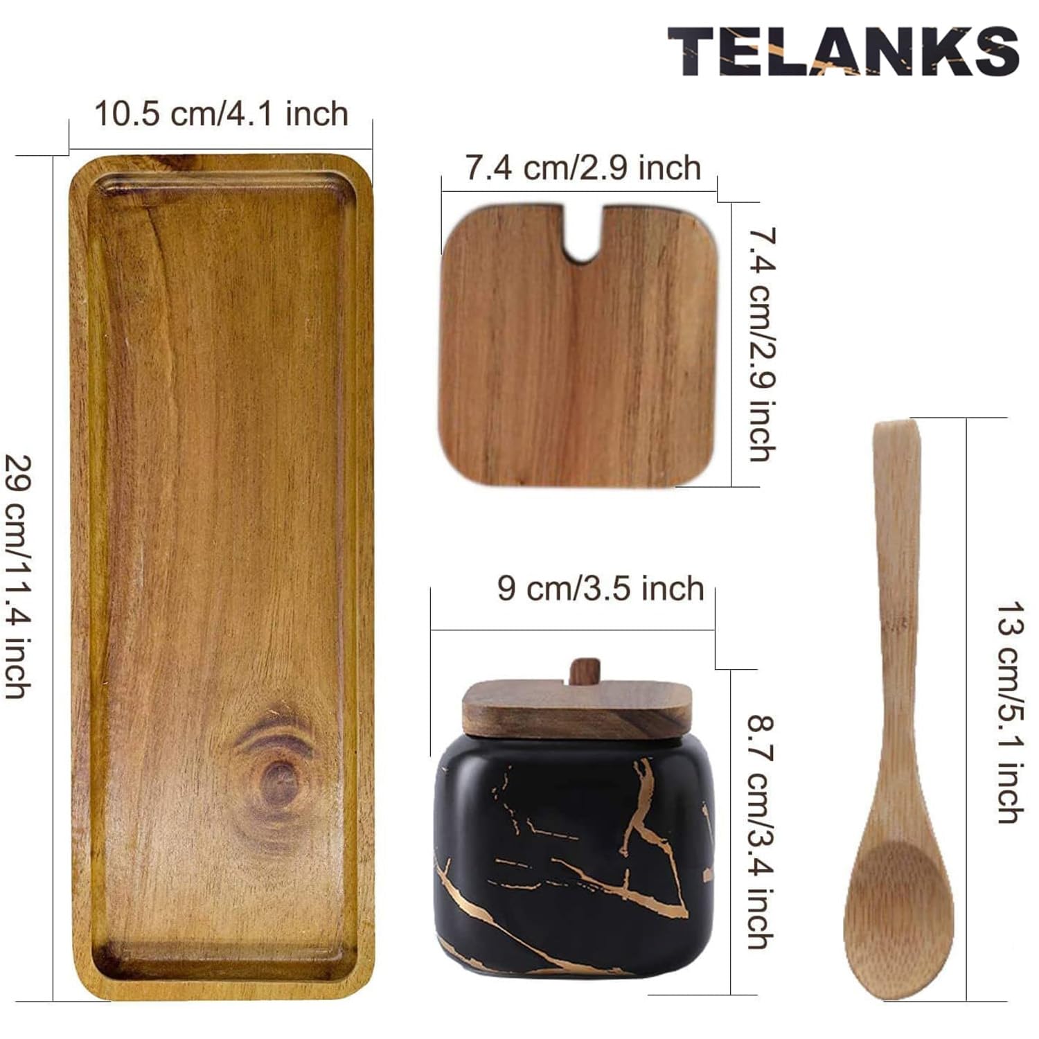 TELANKS Set Zuccheriera in Ceramica, 3 pz Condimento Box con Coperchio e Cucchiaio e Vassoio, Spezia Jar Cucina Scatola Barattolo di Spezie, Utensili da Cucina Forniture per Spezie, Nero